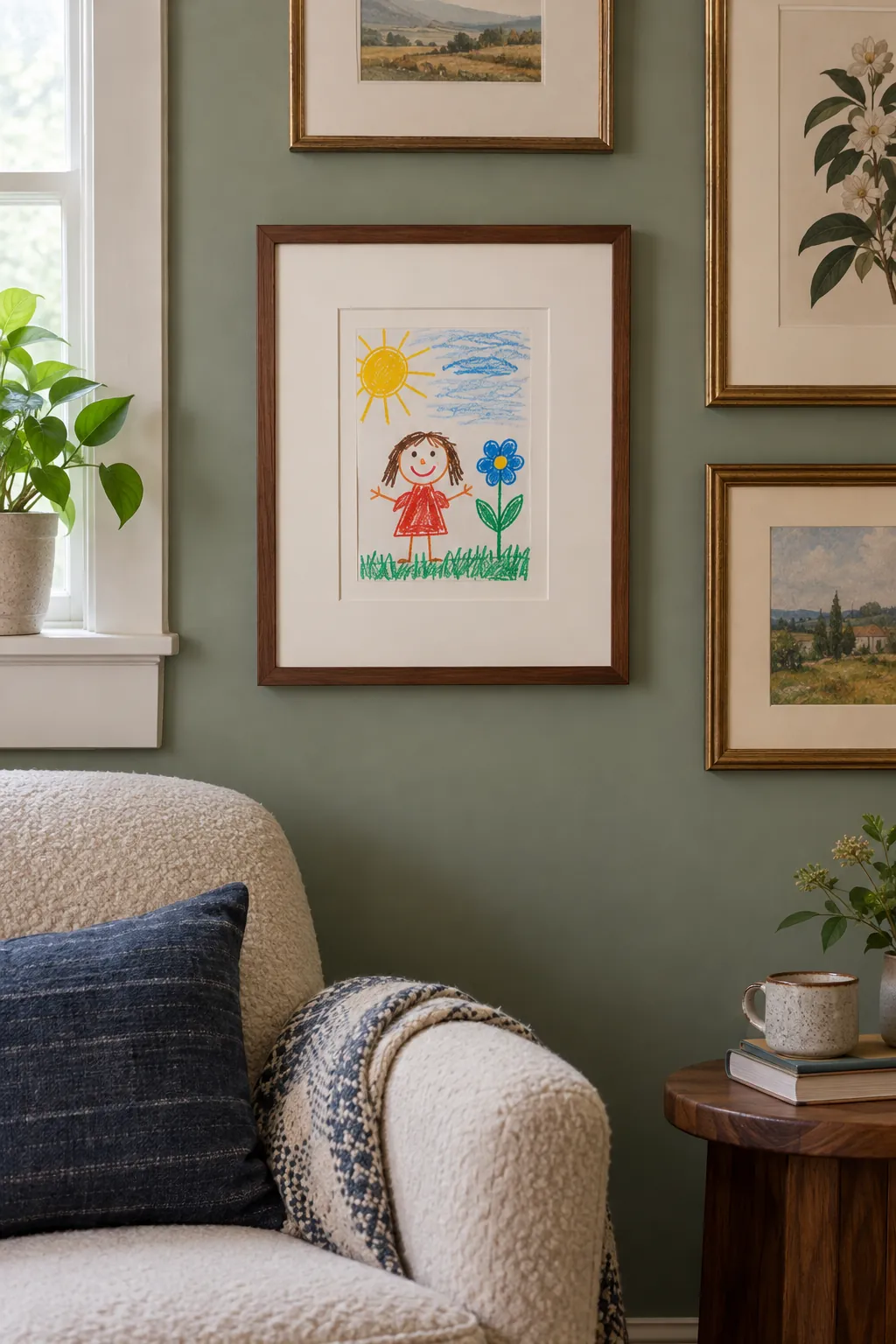 Child drawing displayed with a generous warm white mat