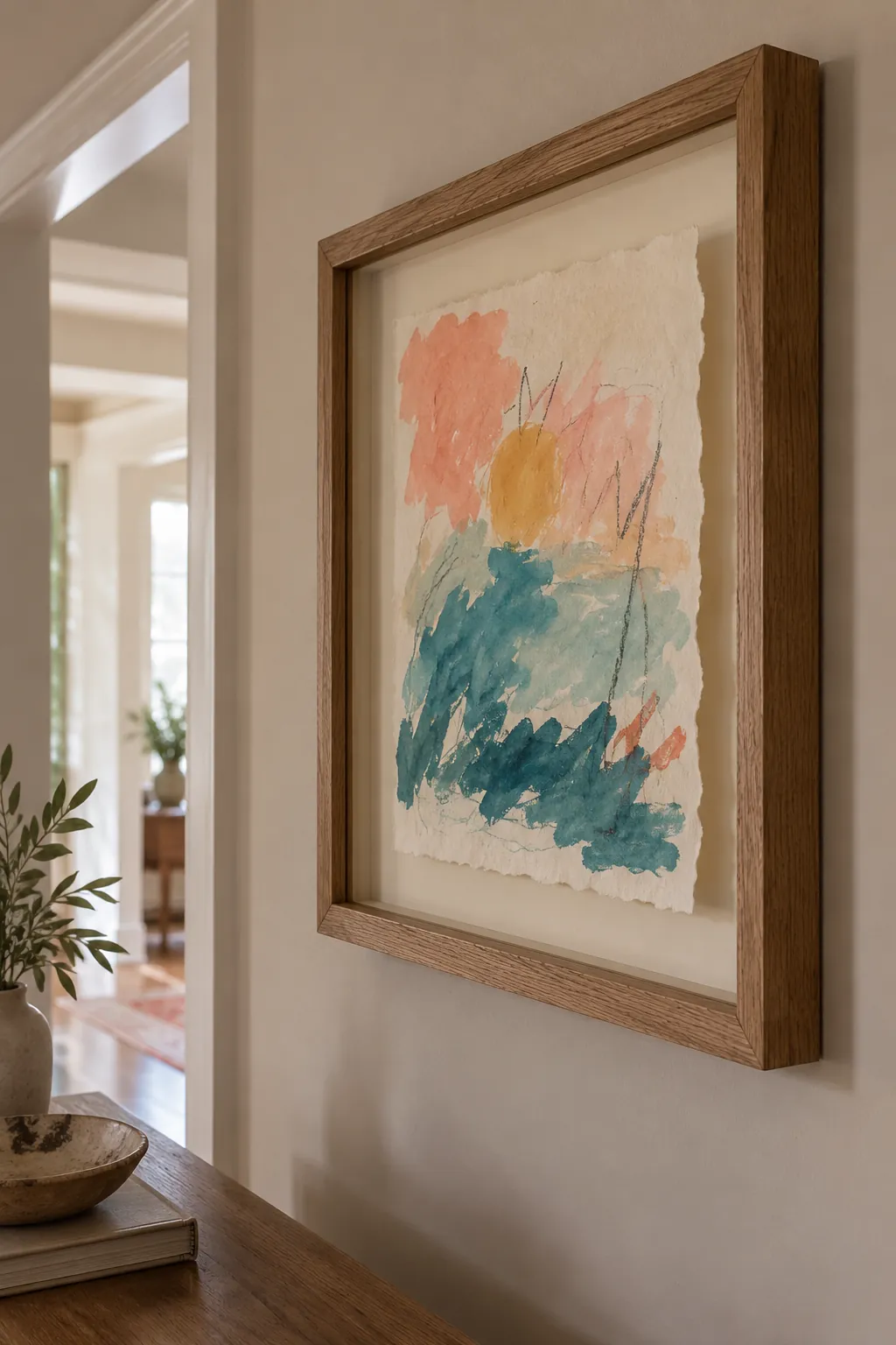 Irregular child artwork floated in a deep picture frame