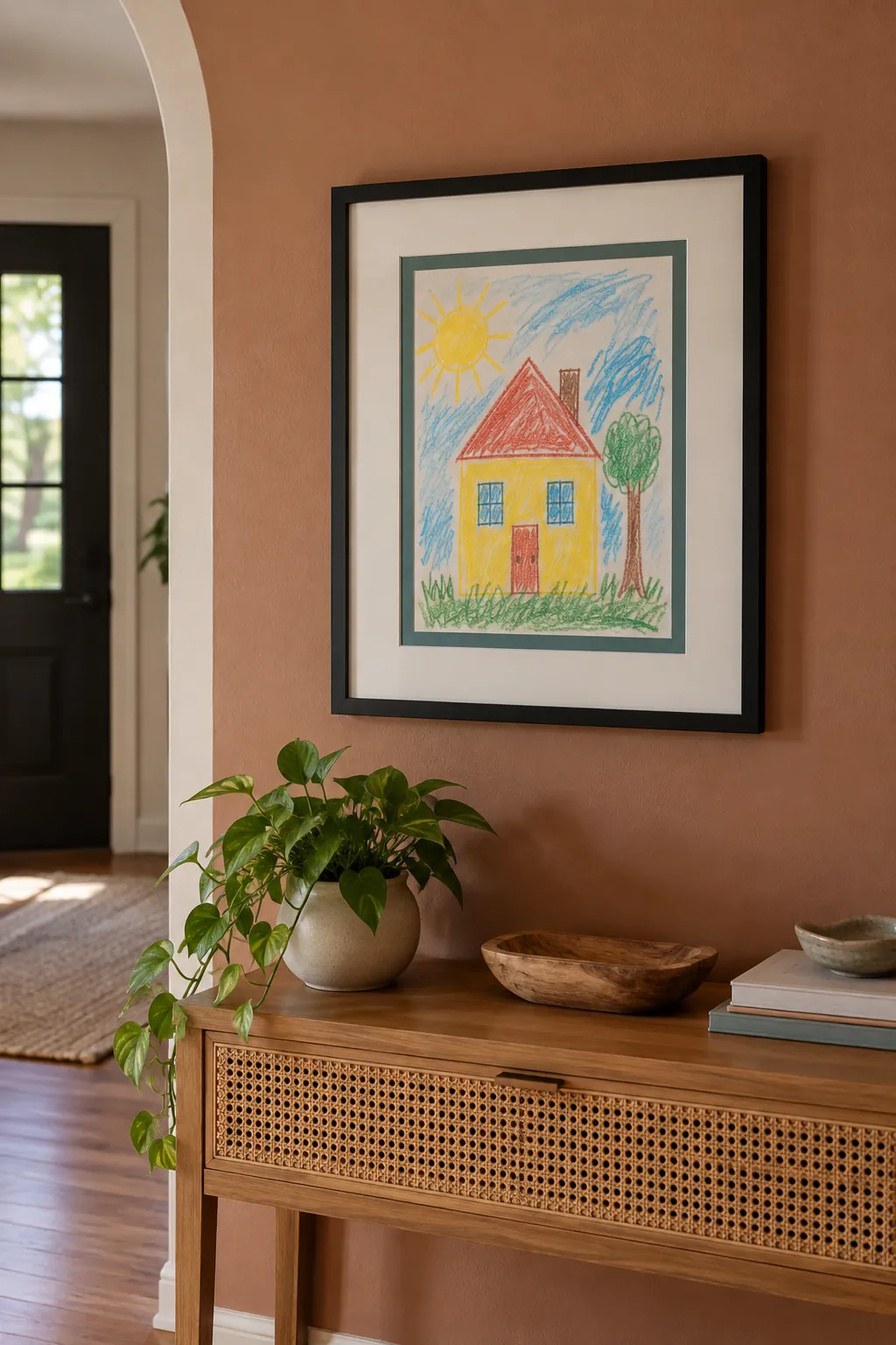 Child drawing framed with a restrained colored inner mat
