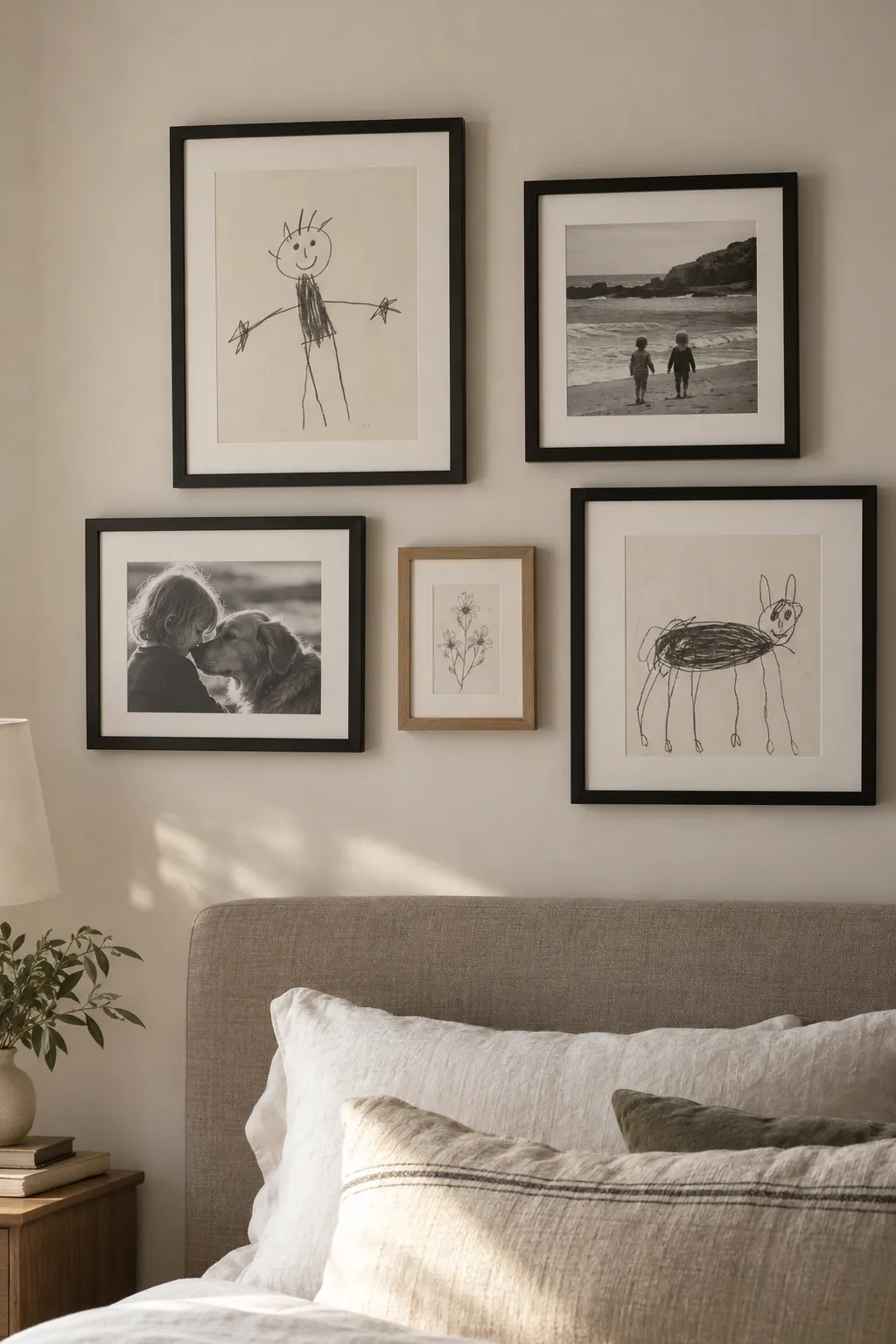 Monochrome child drawings grouped with black and white photographs