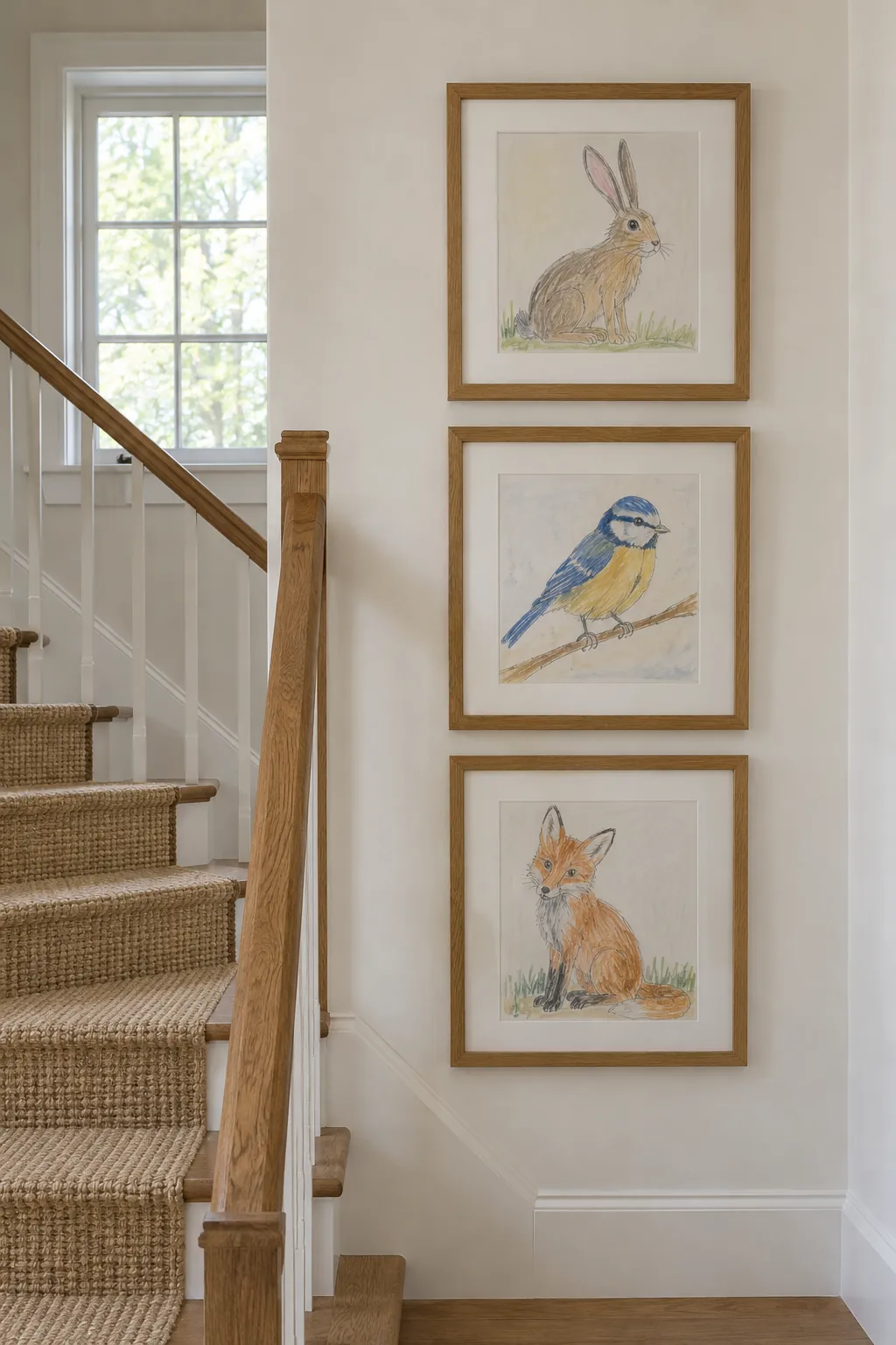 Three child artworks displayed as a coordinated themed series