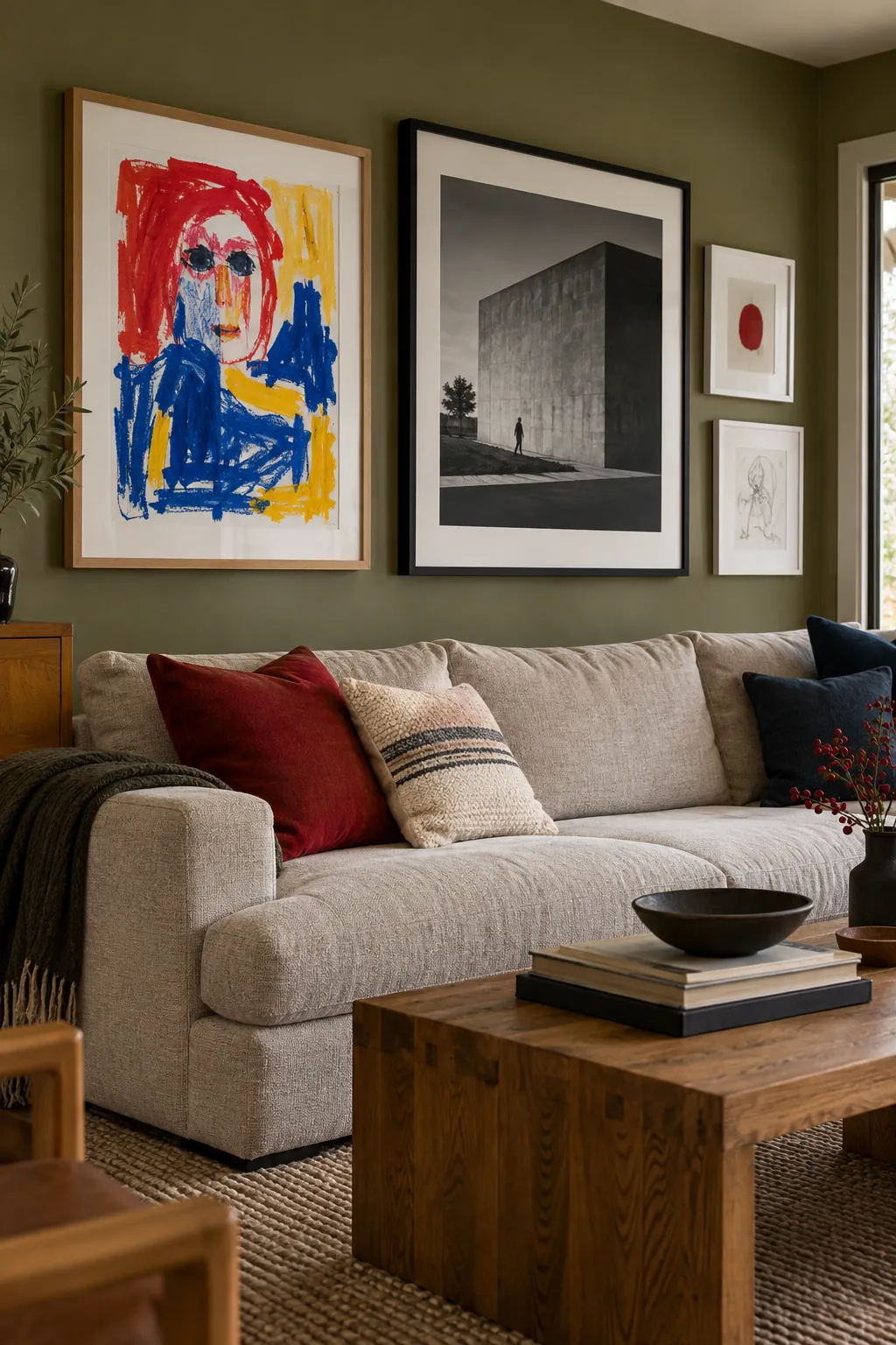 Bold child painting balanced beside a large neutral gallery wall anchor