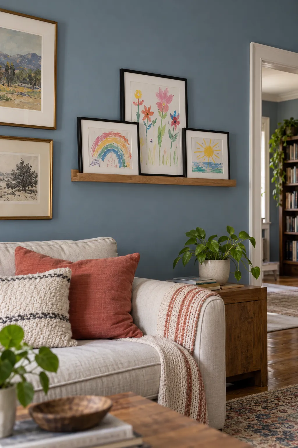 Framed children's artwork displayed on a narrow picture ledge