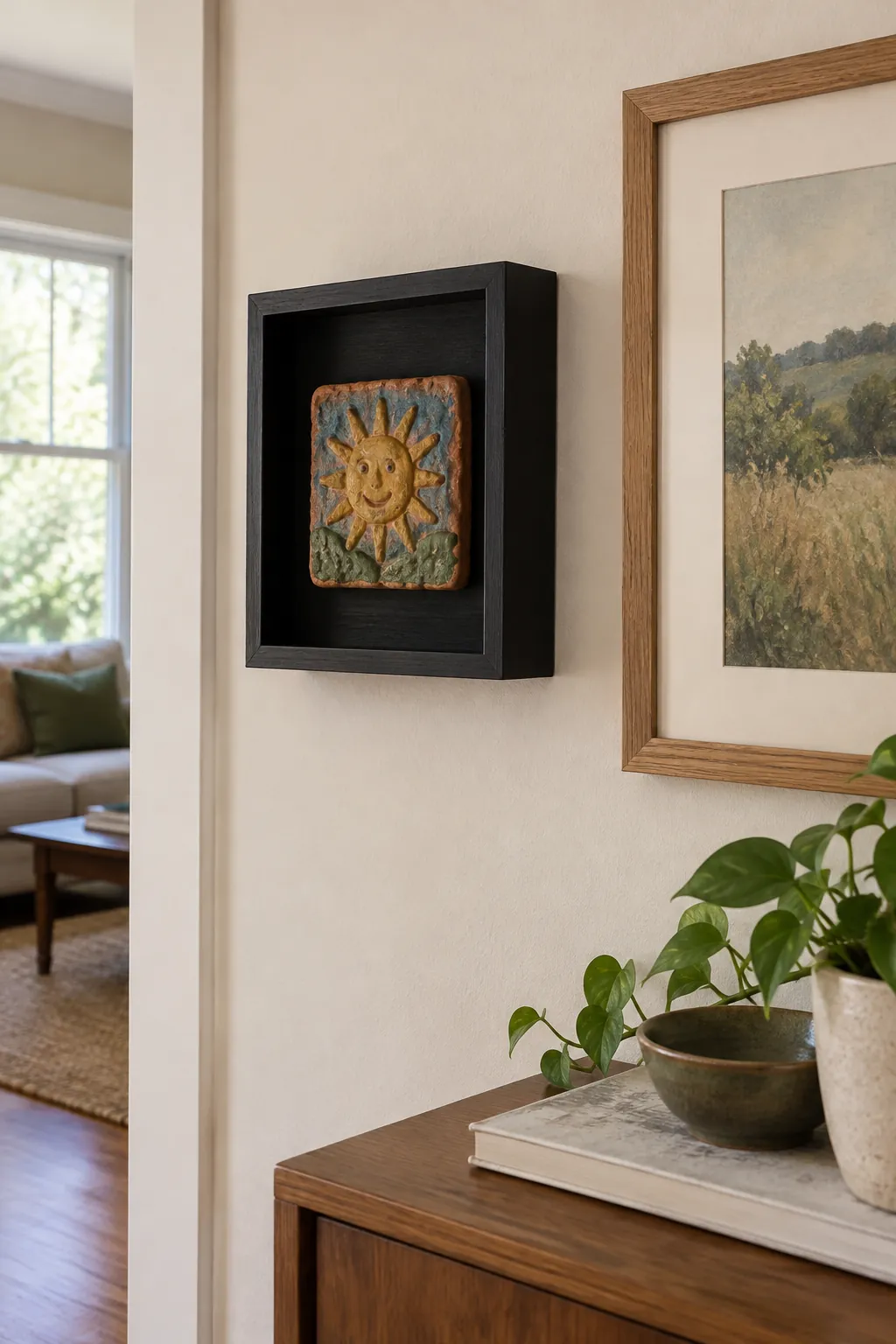 Small sculptural child artwork displayed in a secure shadow box