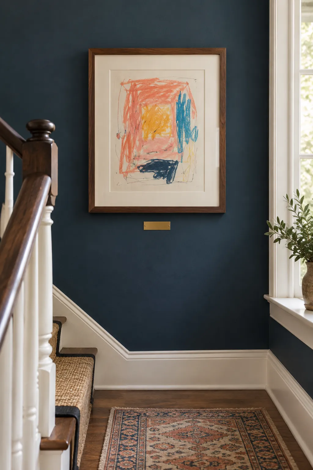 Children's artwork displayed with a small discreet gallery label