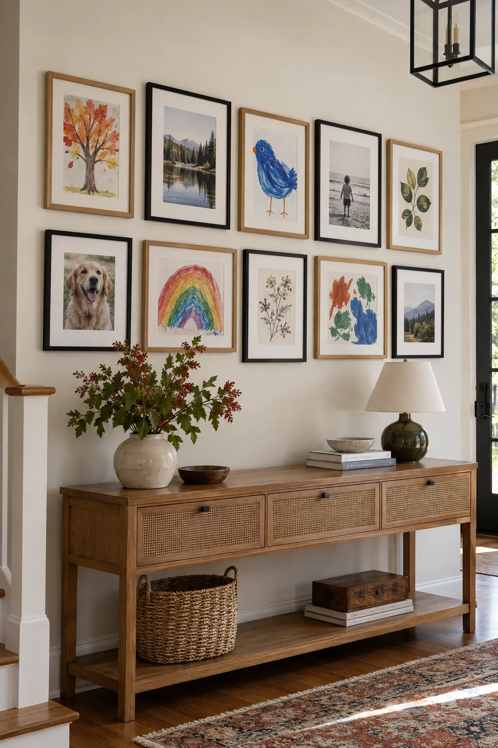 Cohesive family gallery wall designed for seasonal children's art rotation