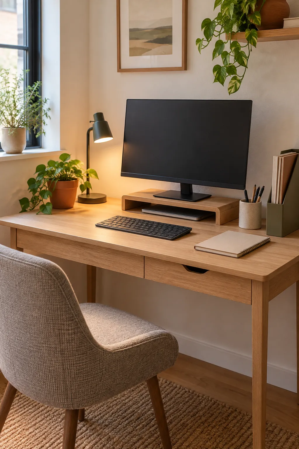 Organized small desk with practical storage and a clear work surface