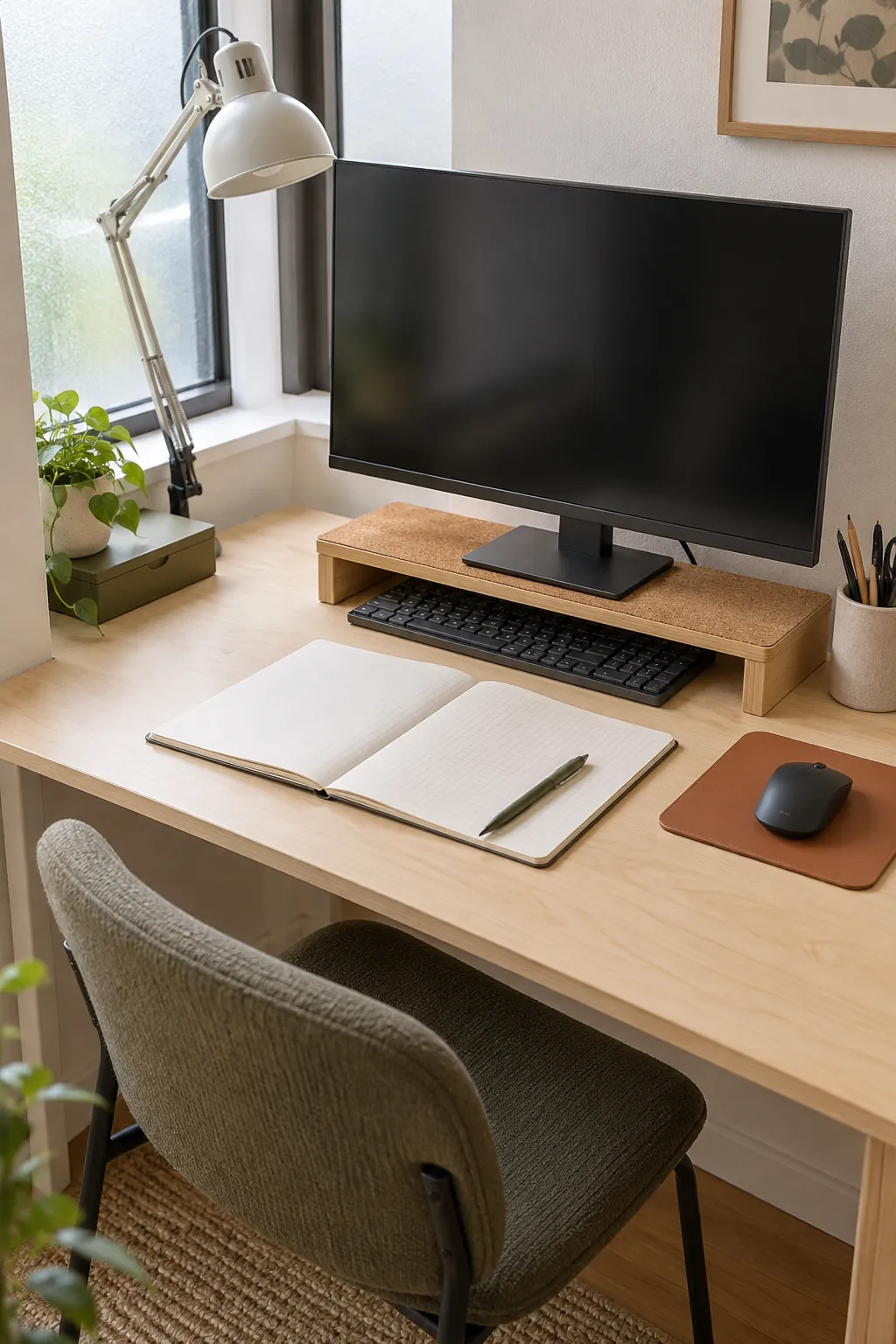Clear central work zone on a compact desk