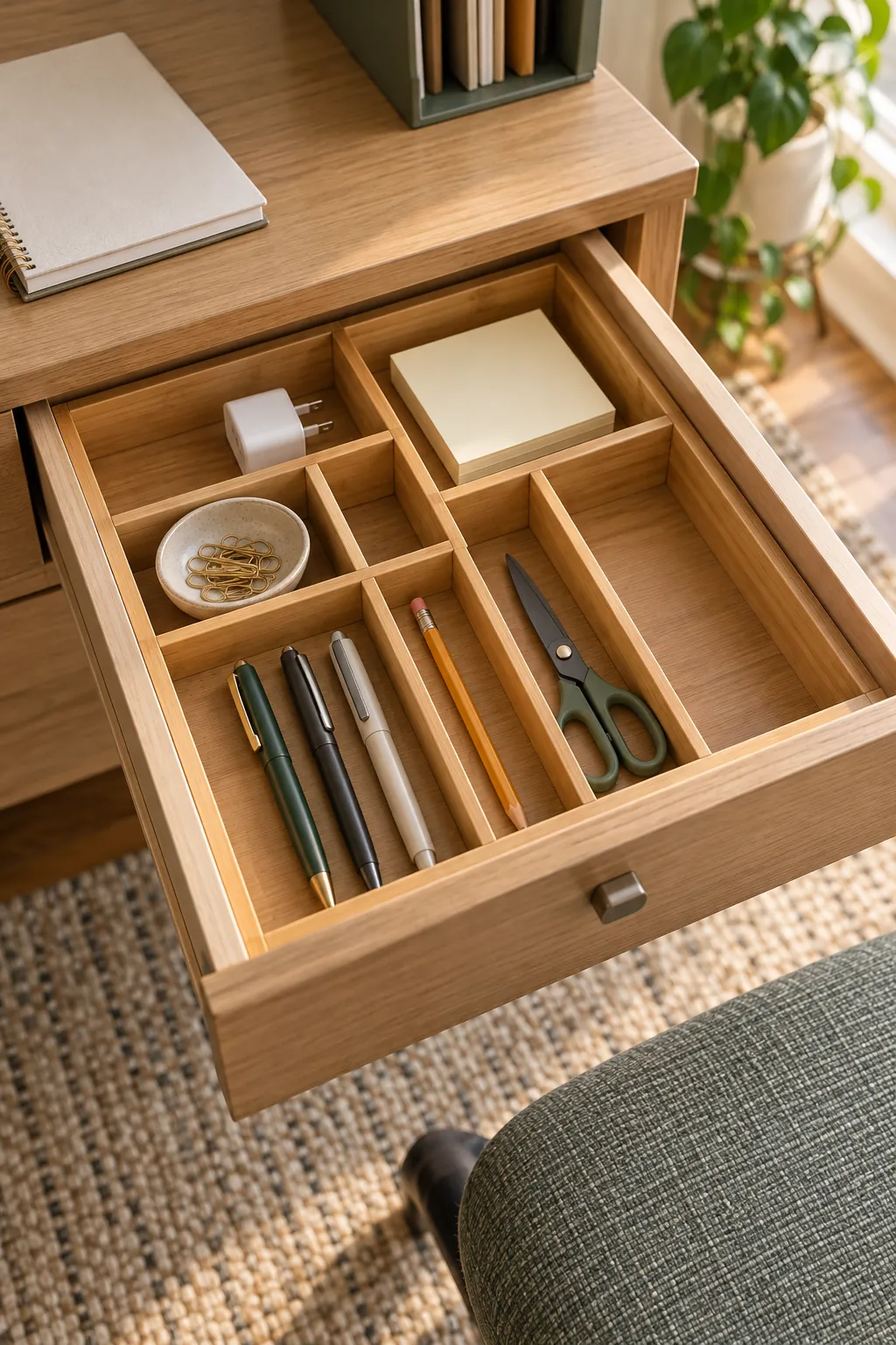 Organized desk drawer with measured dividers