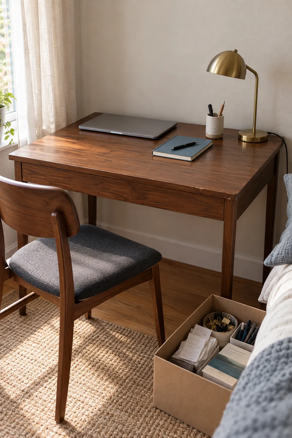 Small desk reset with only essential work tools