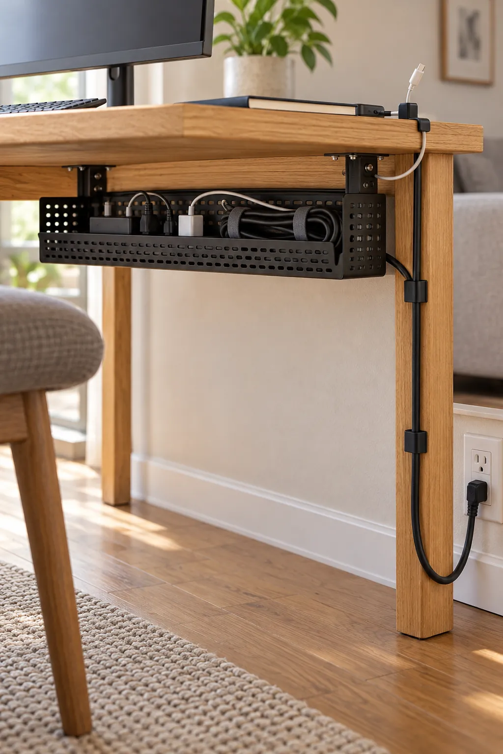 Neat cable management beneath a small desk