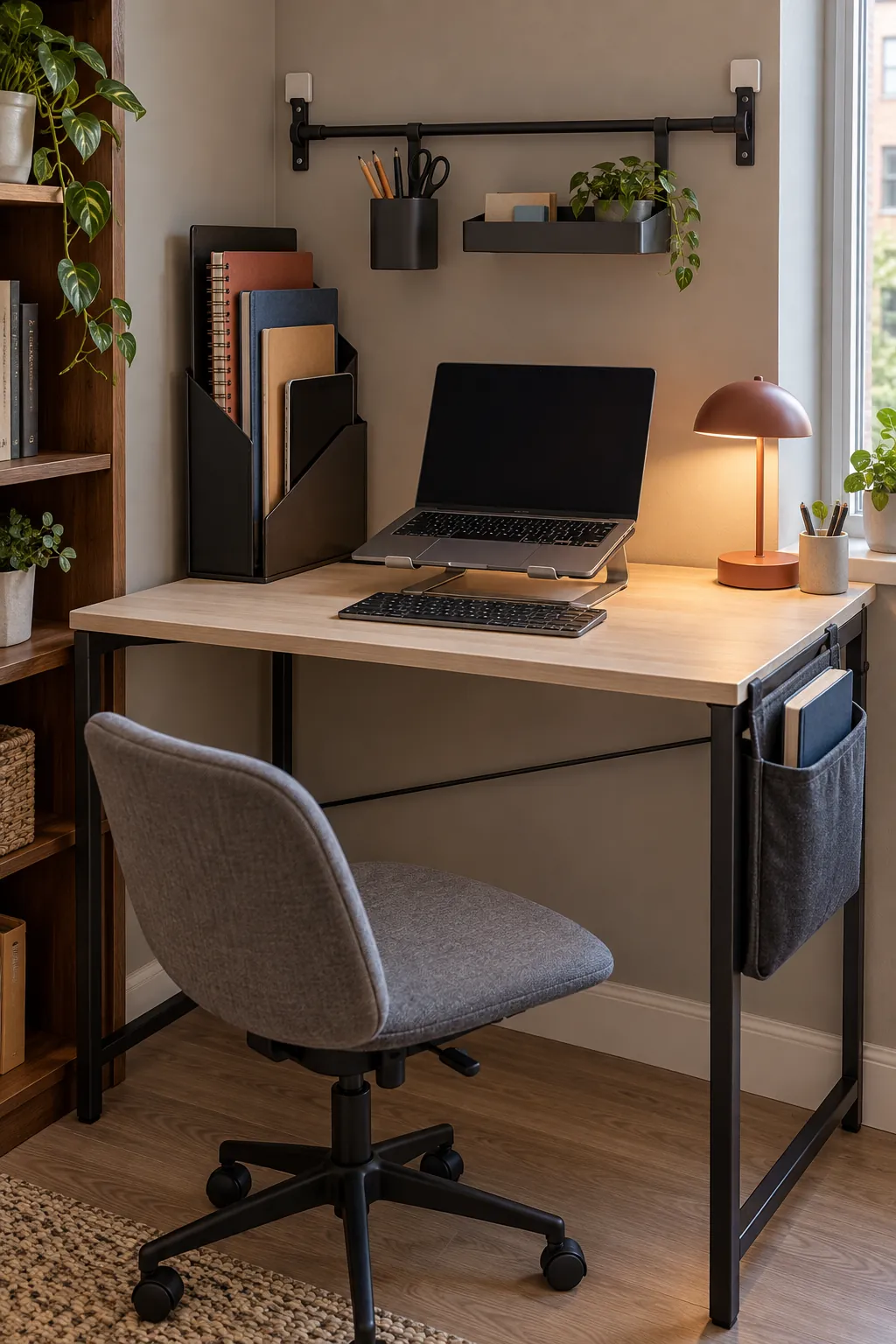 Vertical storage beside a narrow home office desk