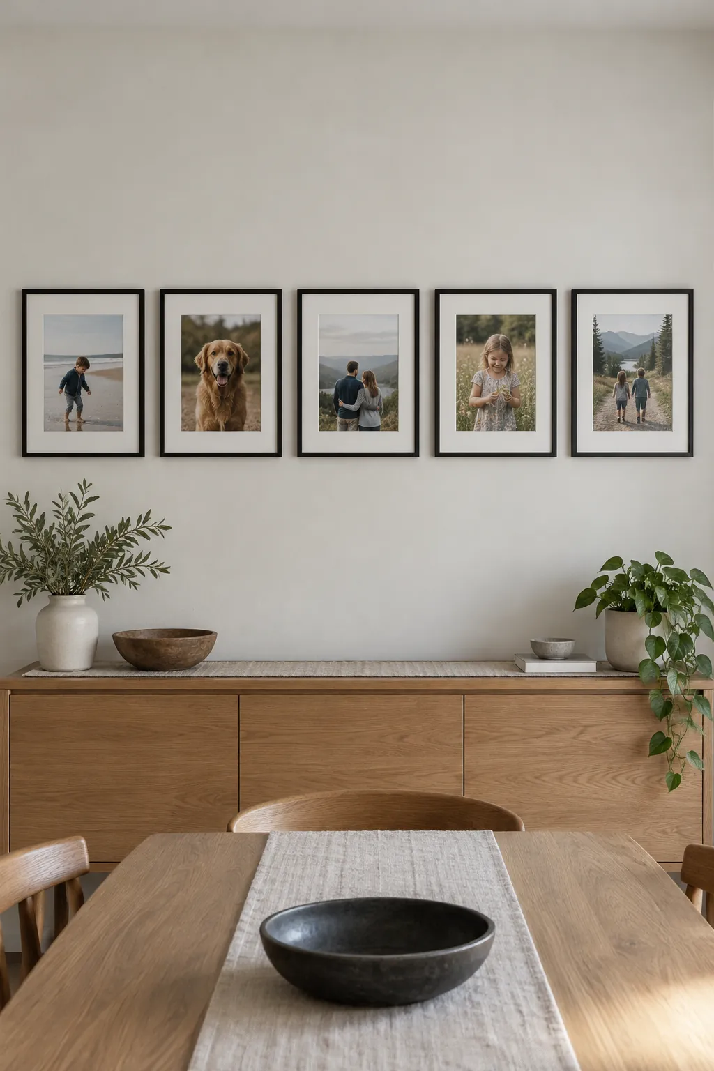 Five family pictures arranged in a straight row with equal gaps