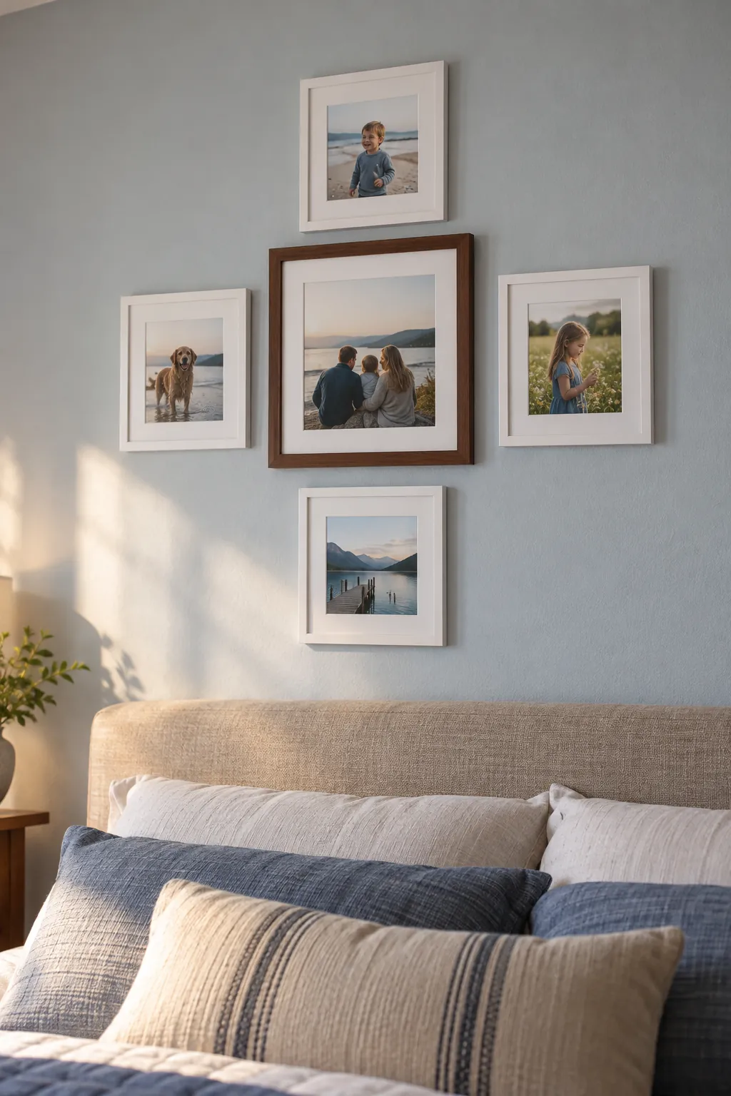 Five family photos arranged in a centered cross formation