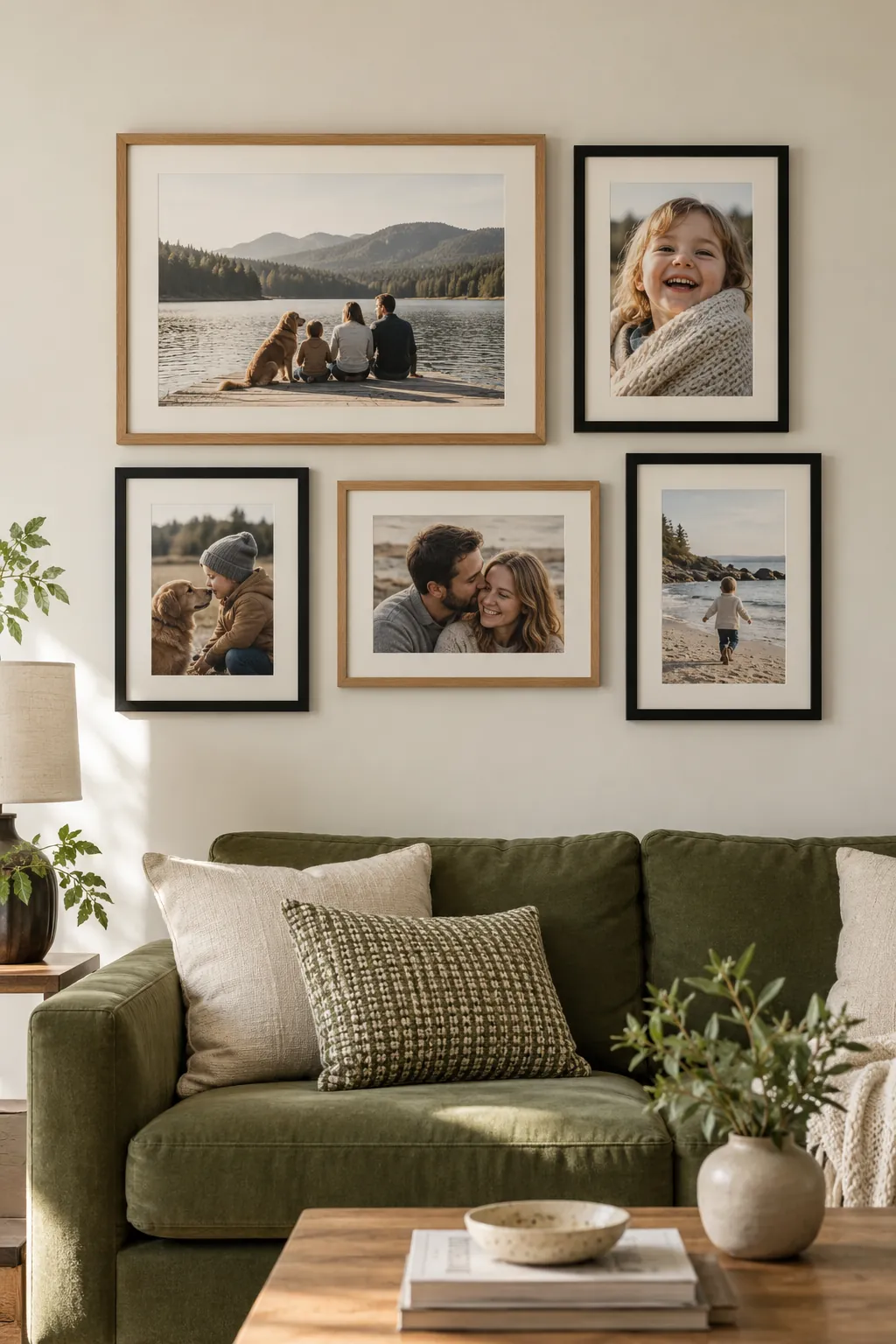 Five family pictures arranged as a simple balanced photo wall