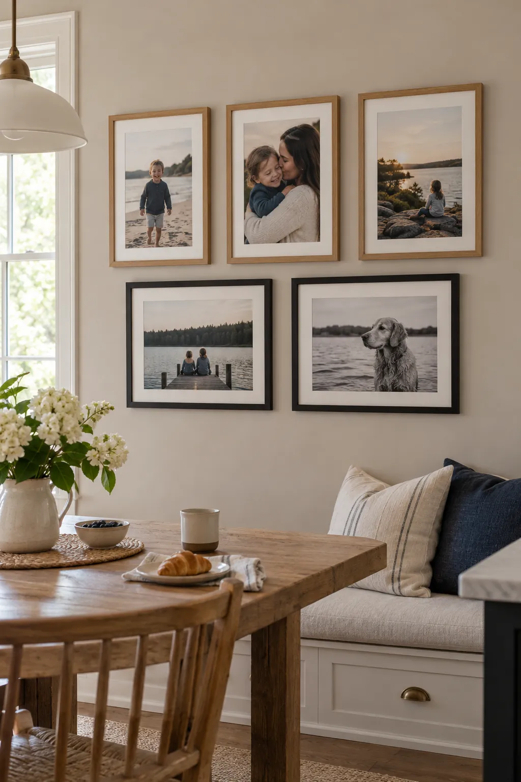 Five picture gallery wall in a three over two grid