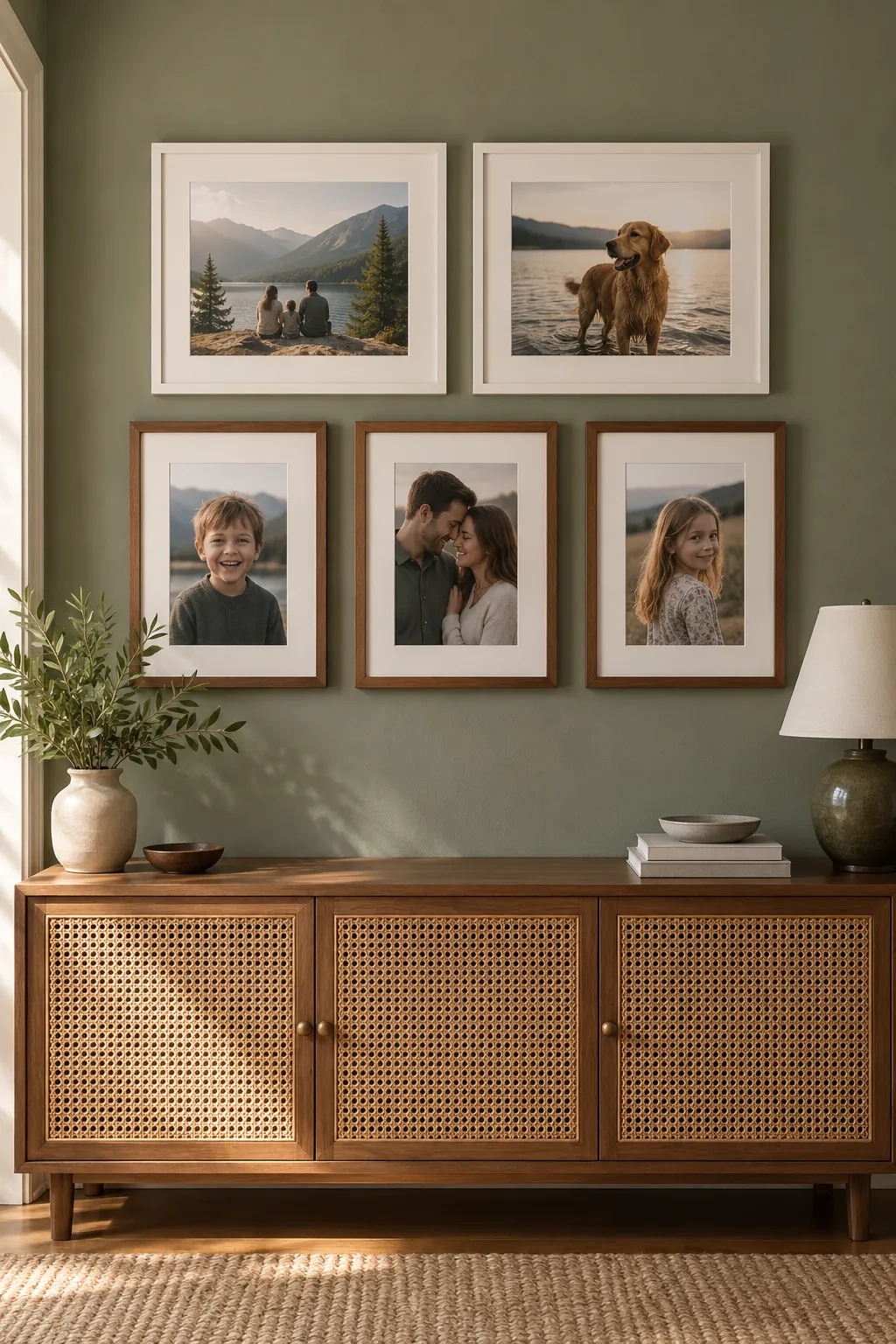 Five frame arrangement with two pictures over three