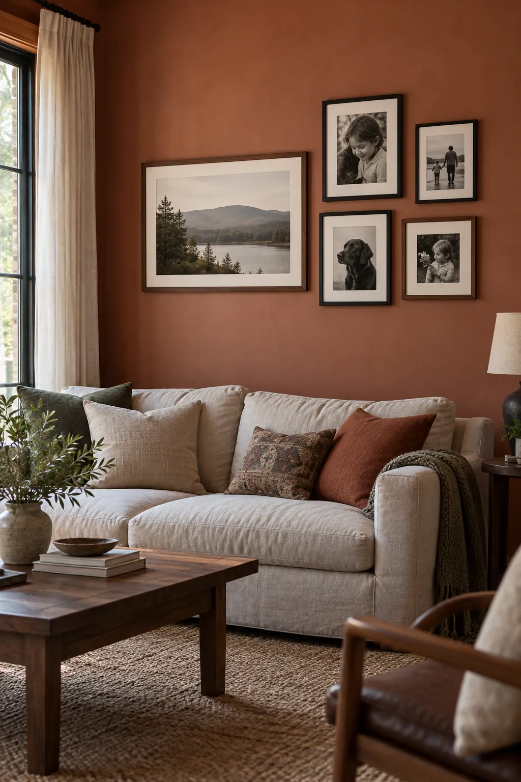 Asymmetrical five picture gallery wall with one anchor frame