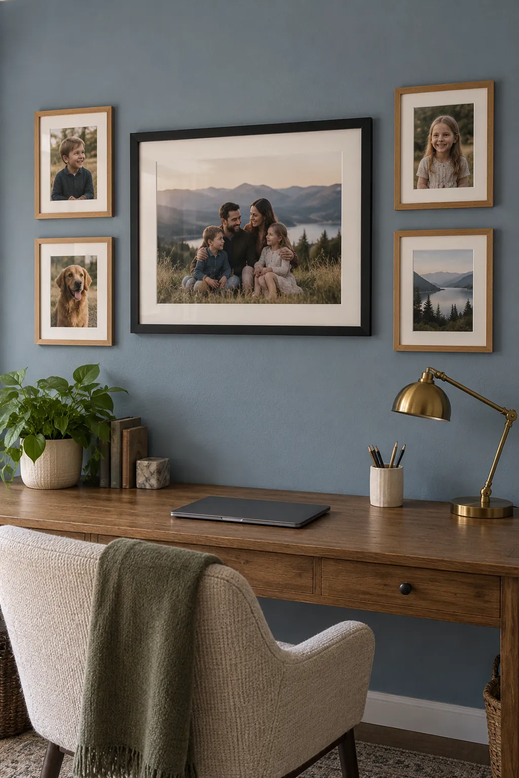 Large central family photo surrounded by four smaller frames