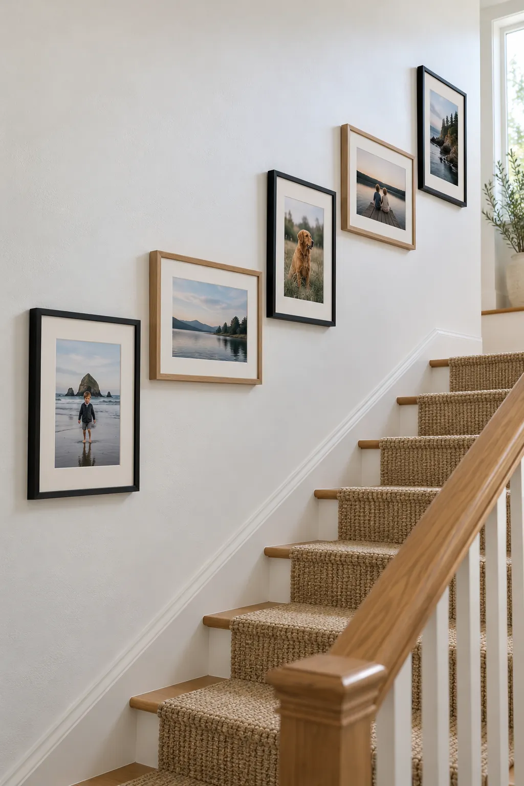 Five picture arrangement following a gentle stair step line