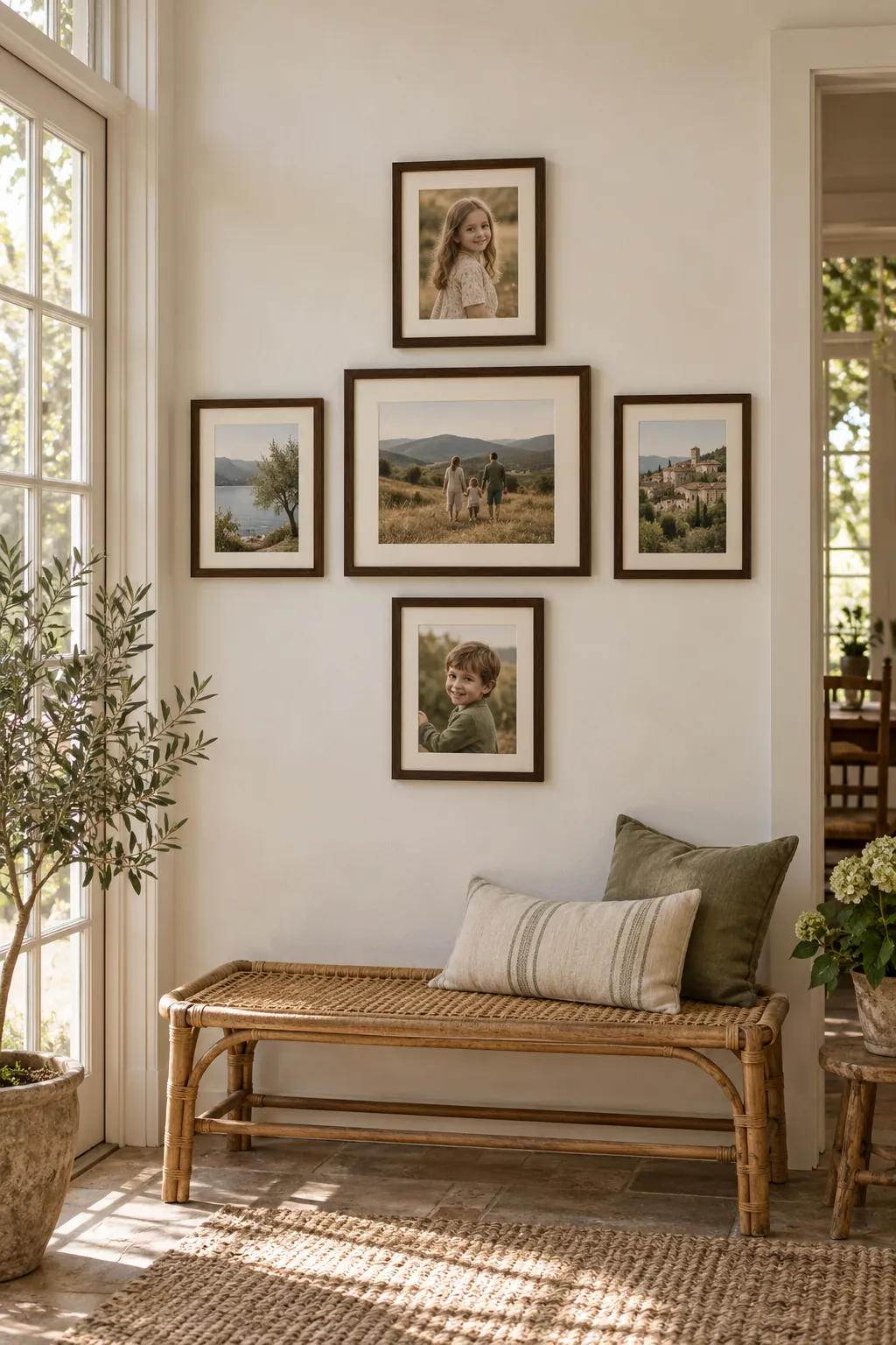 Five family photo frames arranged in a loose oval