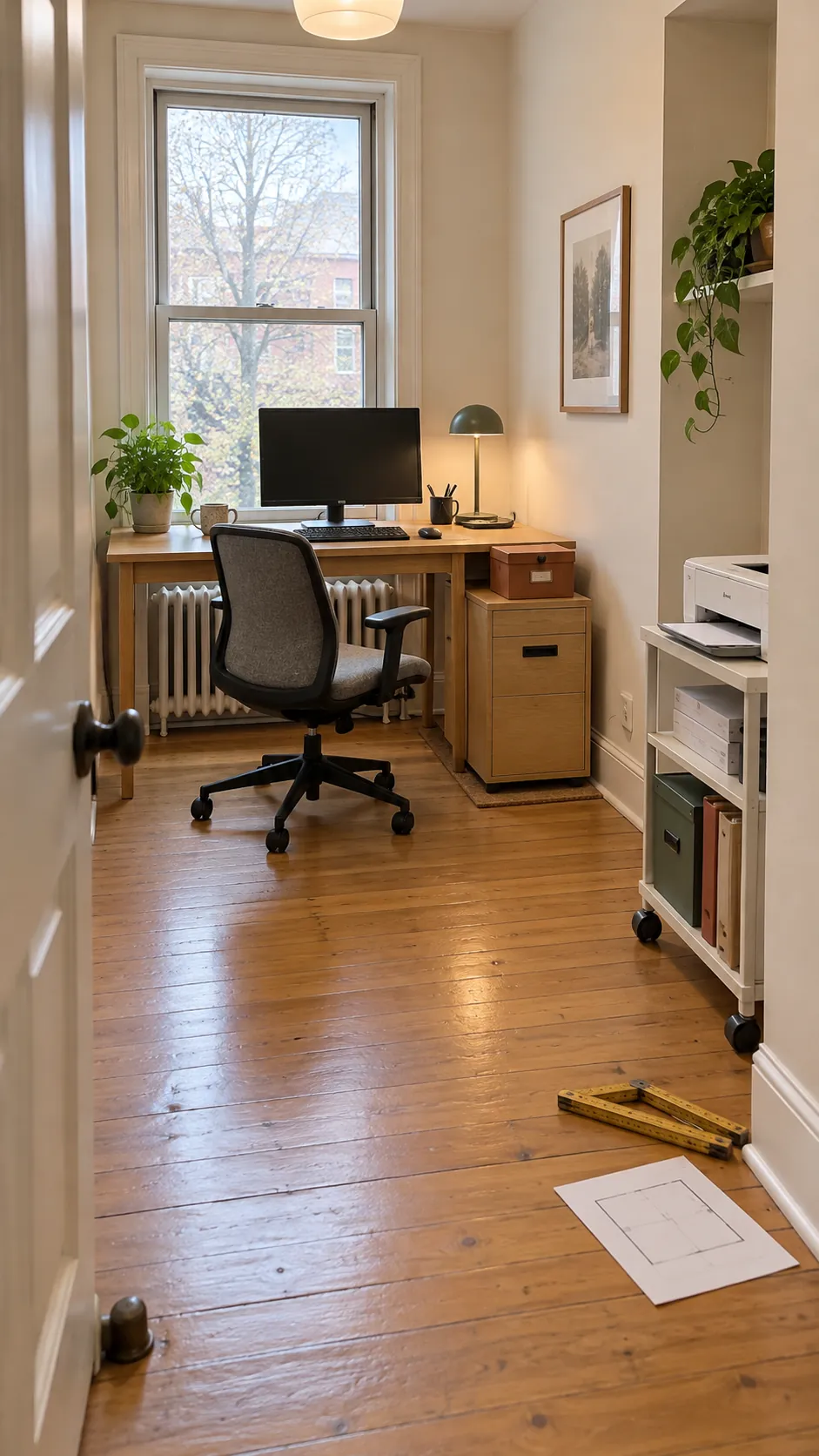 Measured small office layout with a clear path to the desk