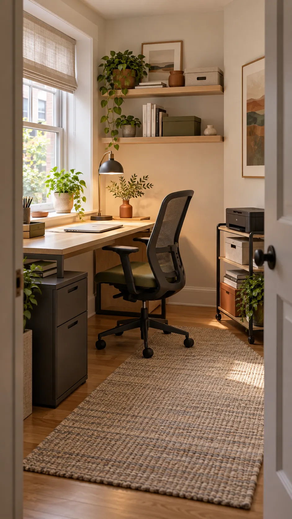 Organized small office with clear zones and vertical storage