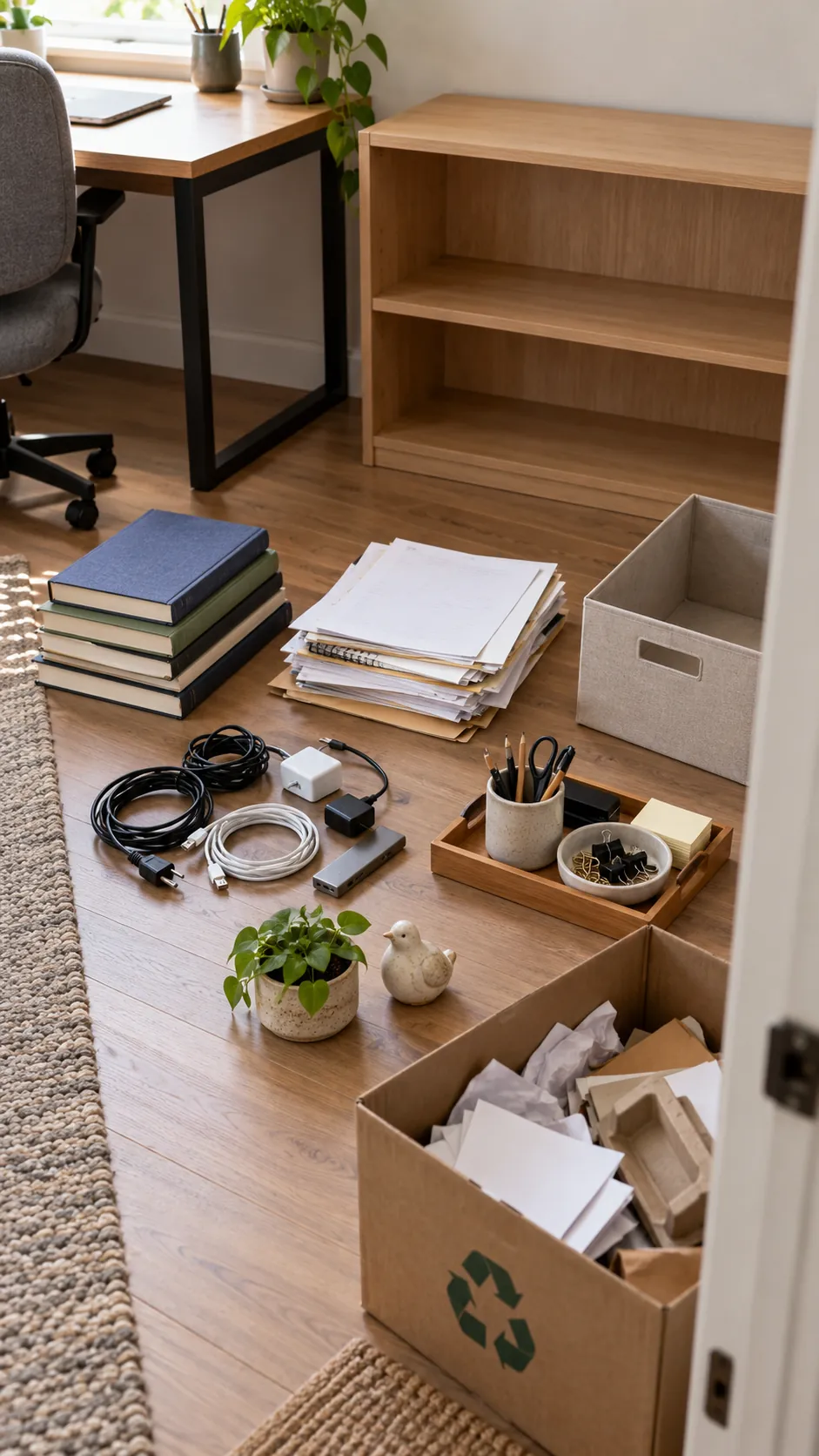 Office items sorted into clear categories before storage