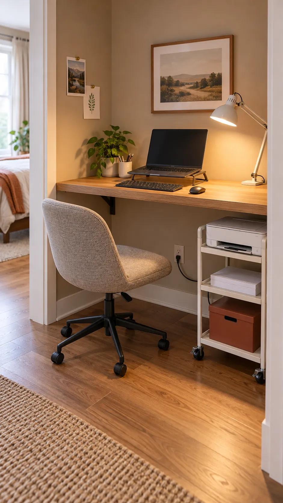Space saving desk and mobile cart in a compact office