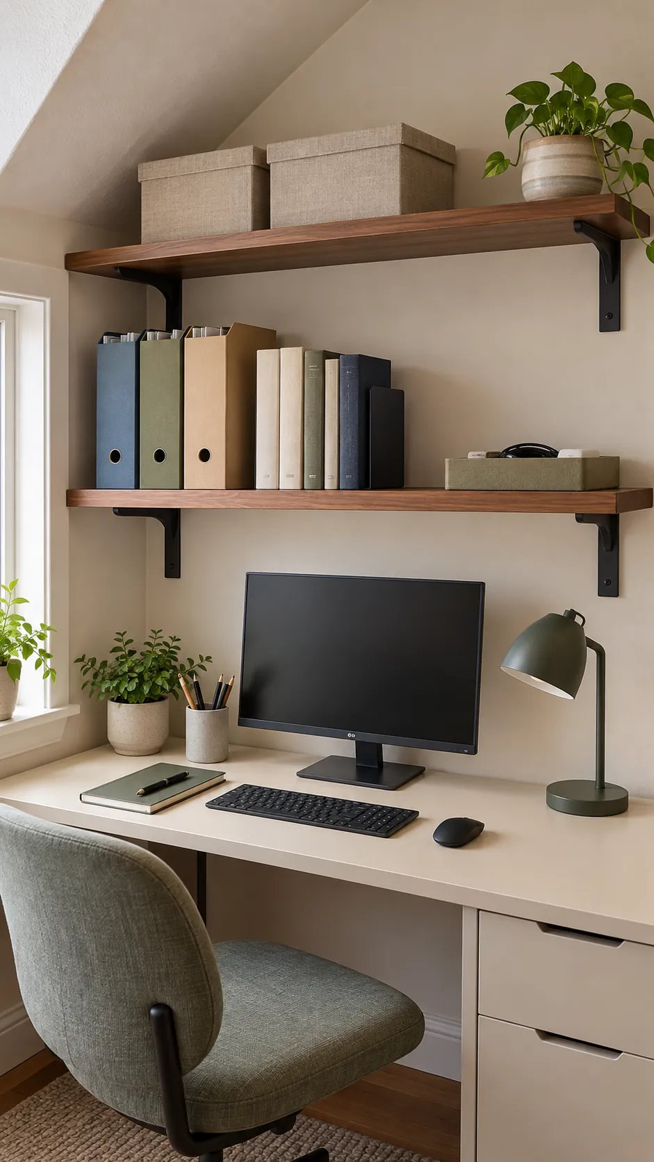 Organized vertical shelves above a compact office desk