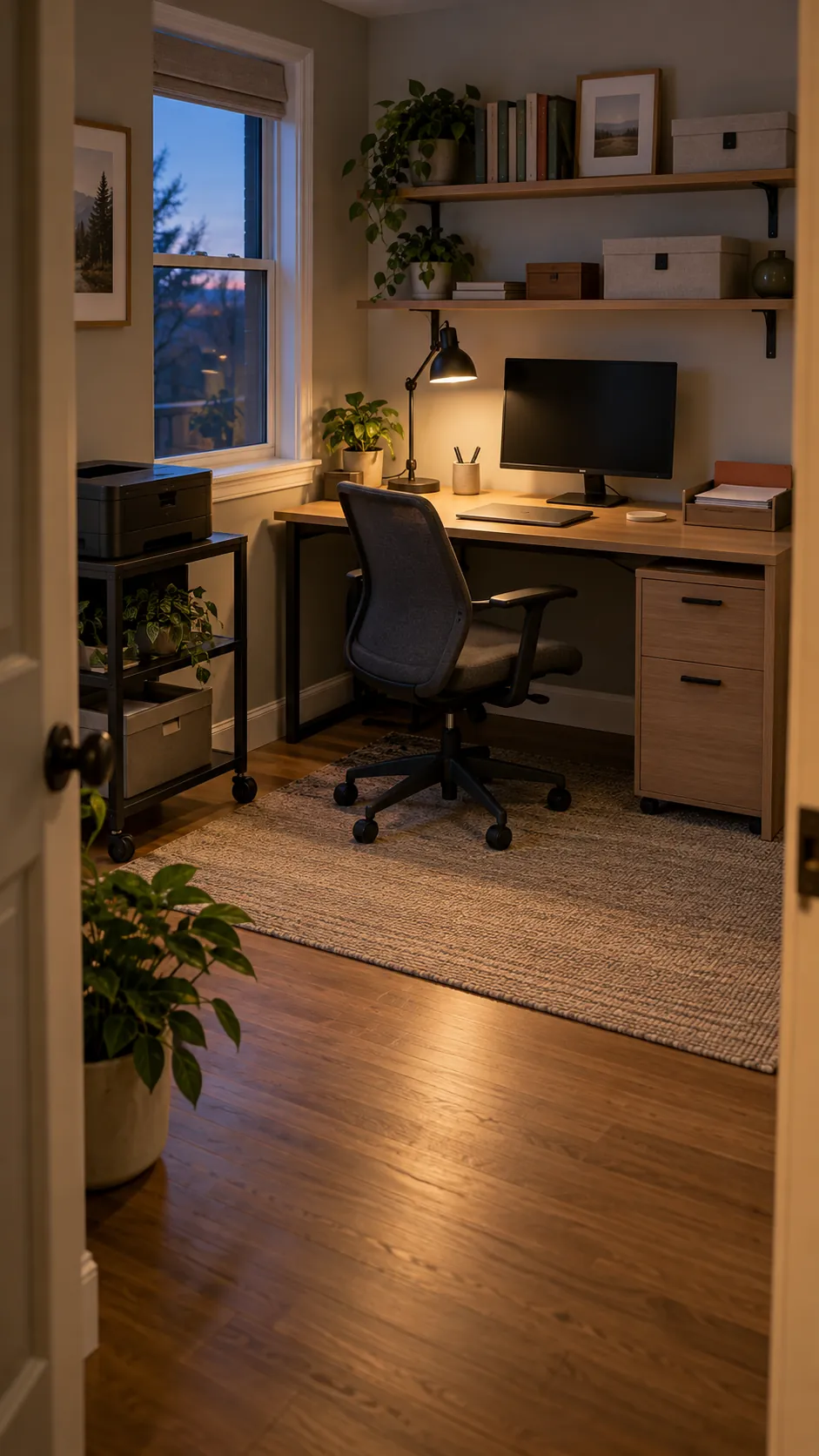 Organized small office after a practical closing routine