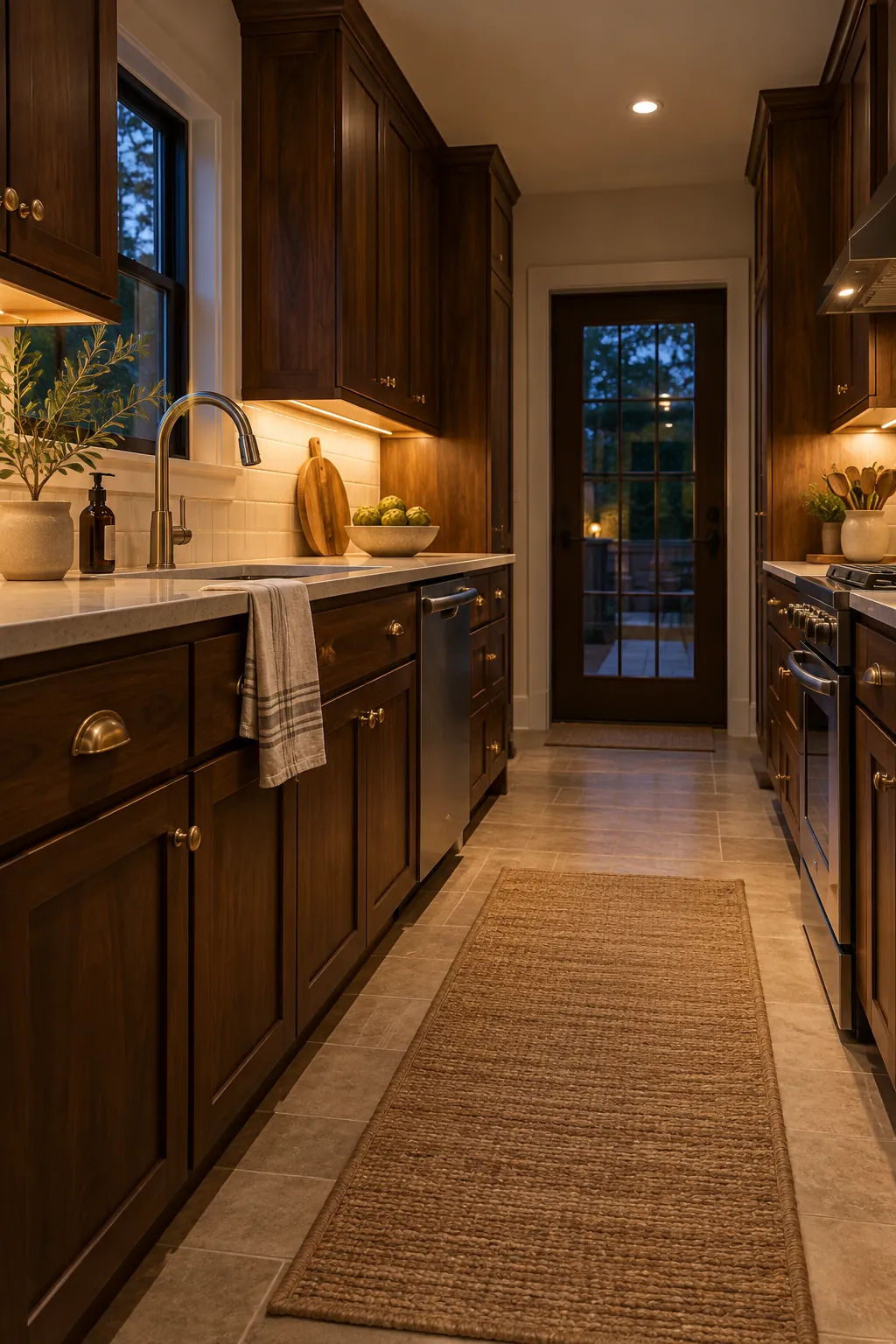 add warm under cabinet lighting in a cozy dark cabinet kitchen