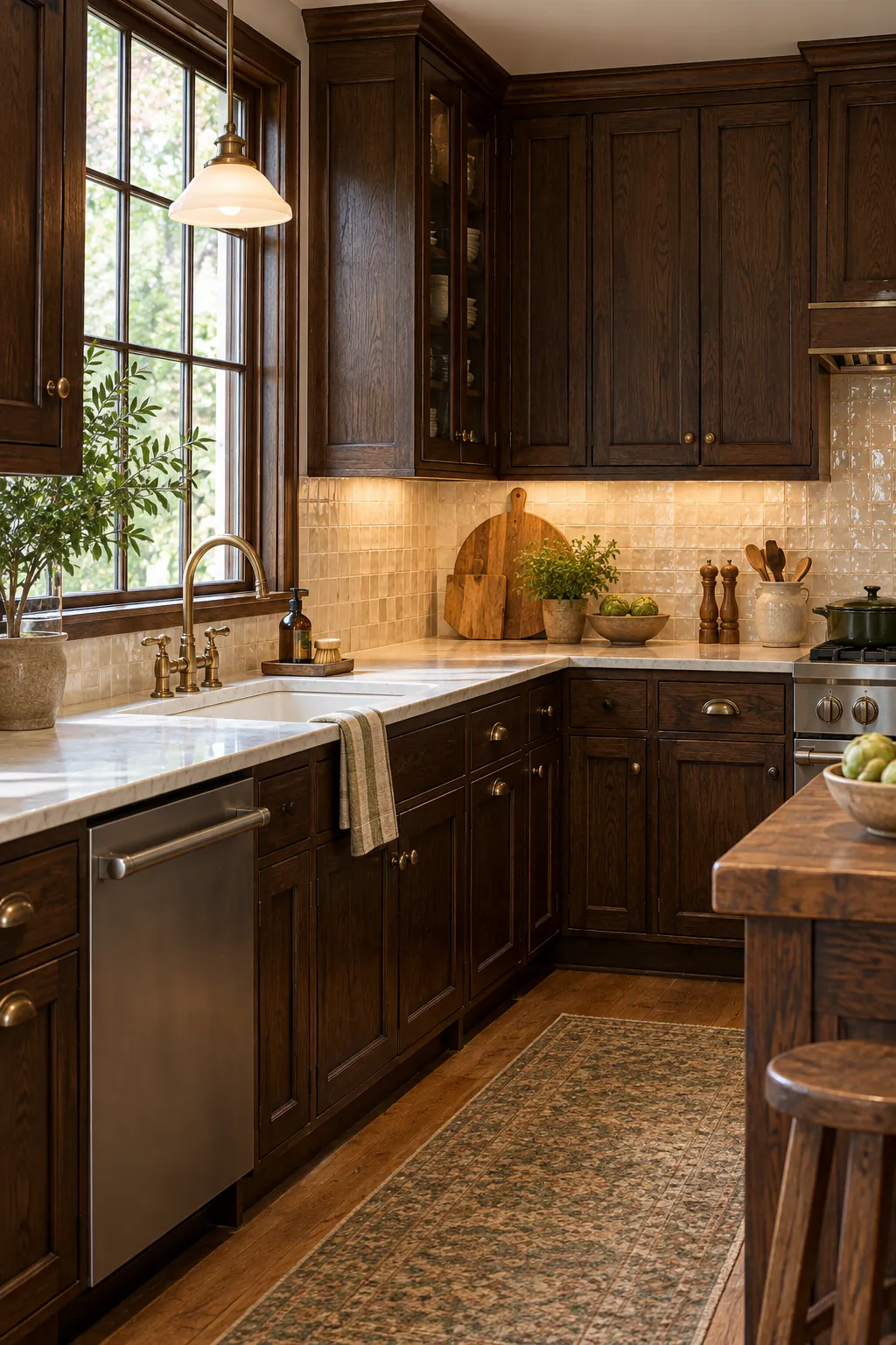 use a light backsplash with texture in a cozy dark cabinet kitchen