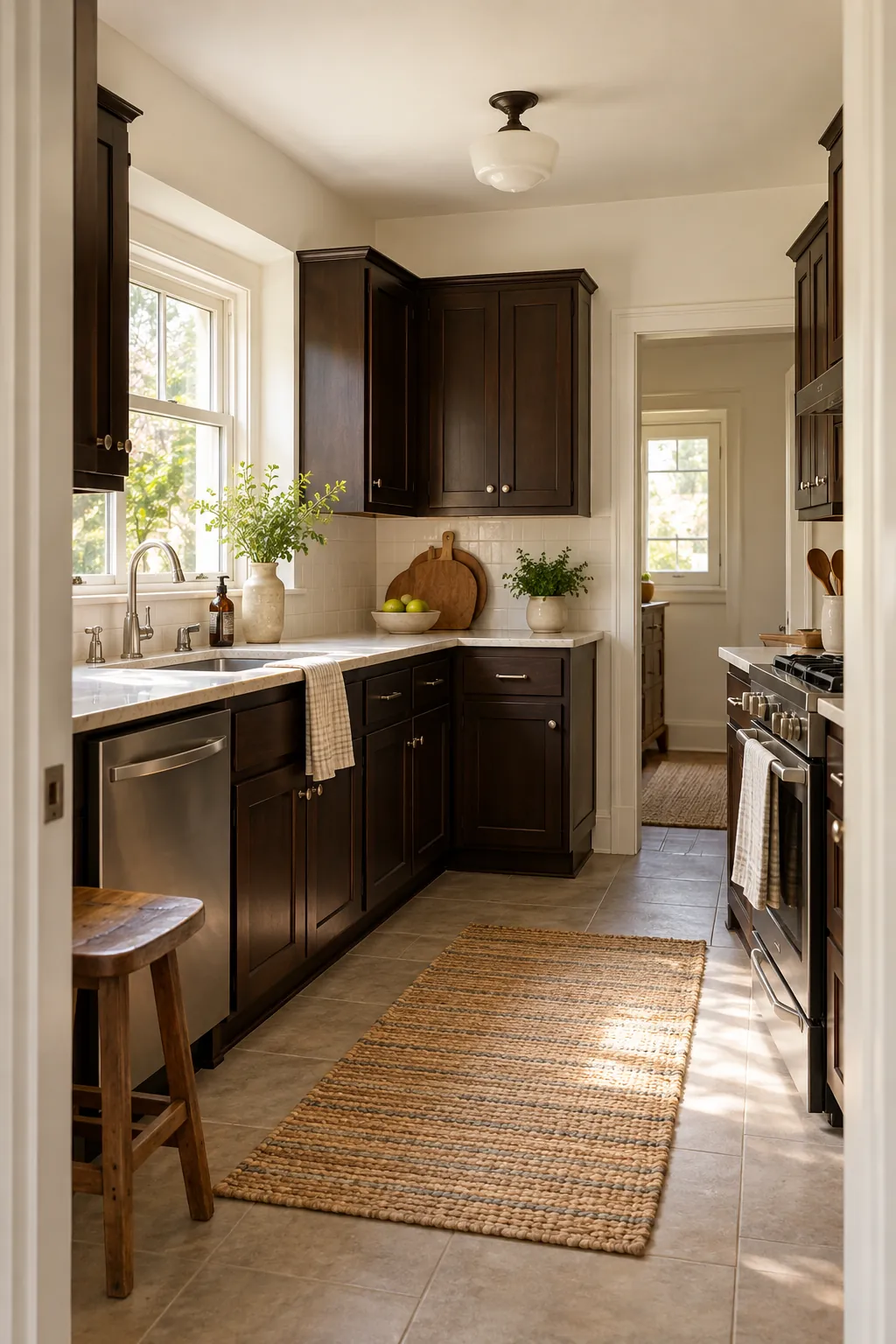 paint the walls a soft warm white in a cozy dark cabinet kitchen