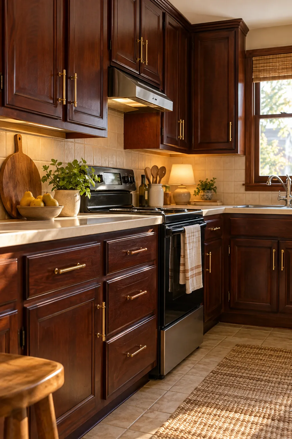 change only the cabinet hardware in a cozy dark cabinet kitchen