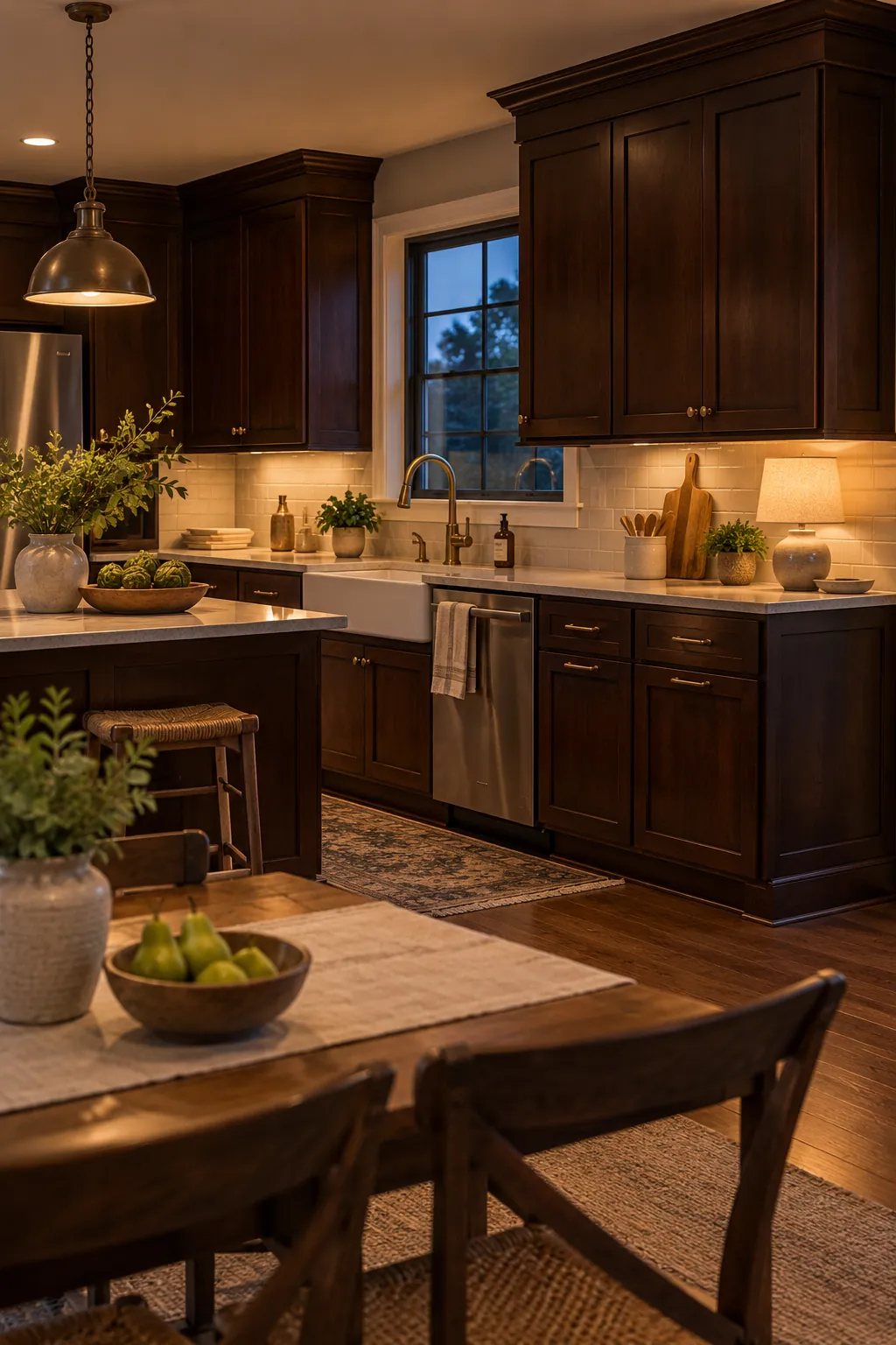 add a small table lamp in a cozy dark cabinet kitchen