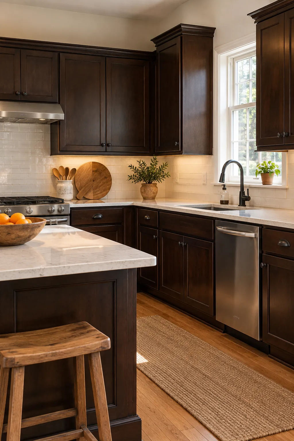 clear the cabinet tops in a cozy dark cabinet kitchen