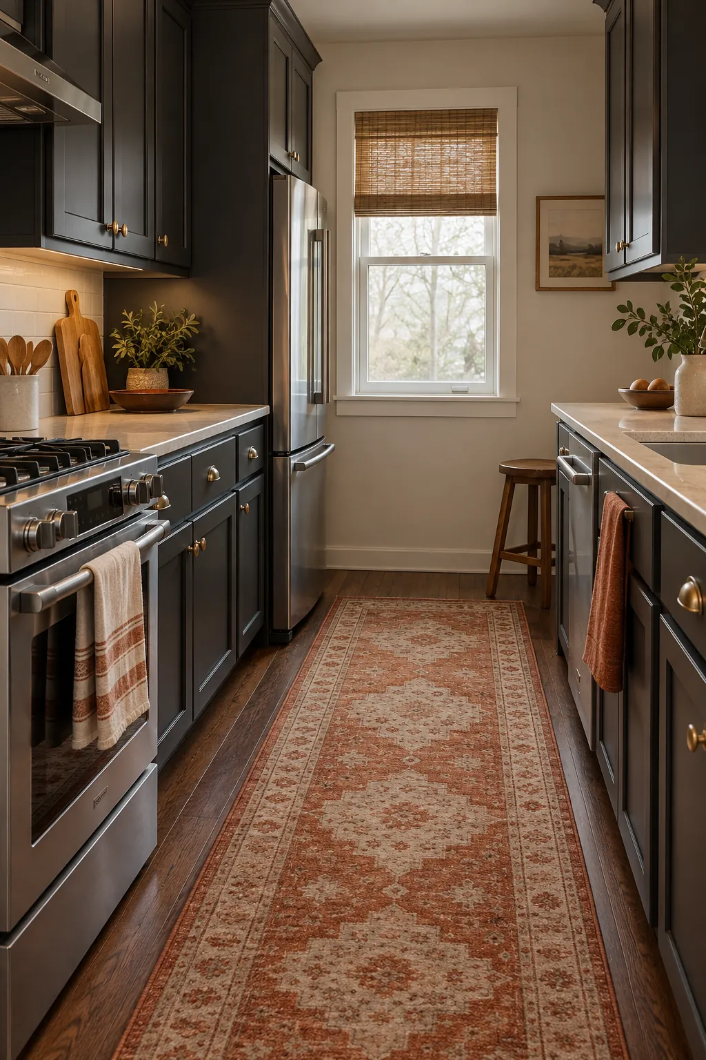 bring in a washable runner in a cozy dark cabinet kitchen