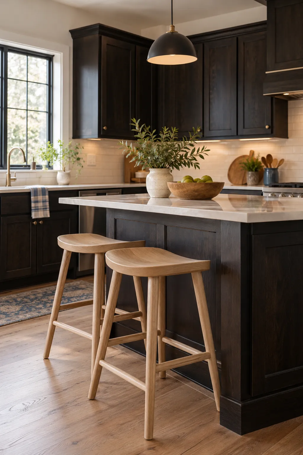 repeat the wood in one lighter tone in a cozy dark cabinet kitchen