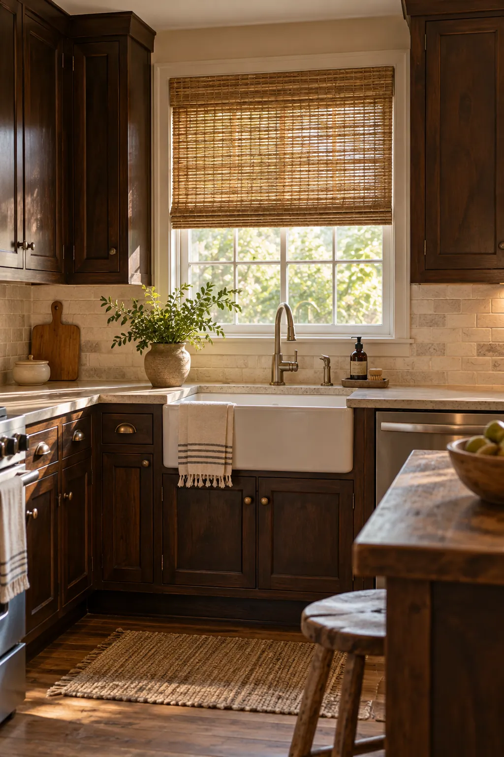 use natural fiber window shades in a cozy dark cabinet kitchen