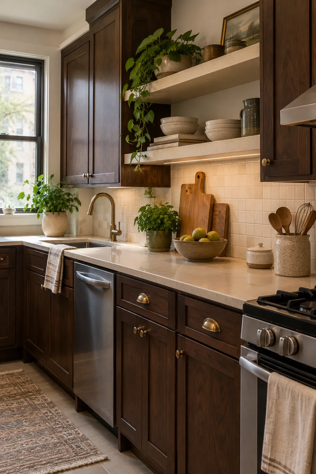 display pale everyday ceramics in a cozy dark cabinet kitchen