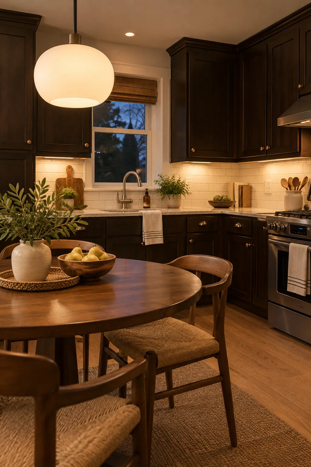 swap a dark shade for a diffuse pendant in a cozy dark cabinet kitchen