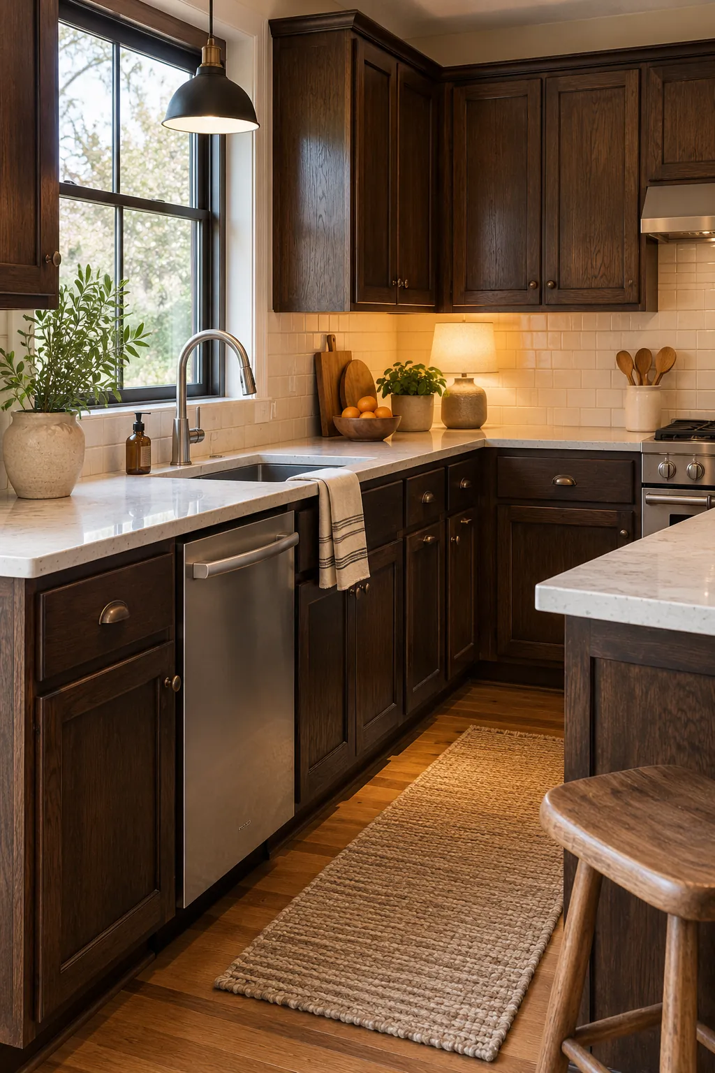 keep counters visually quiet in a cozy dark cabinet kitchen