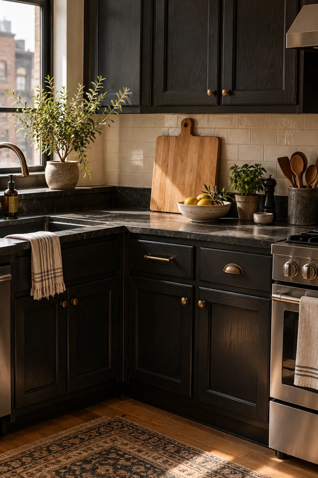 add a light wood cutting board in a cozy dark cabinet kitchen