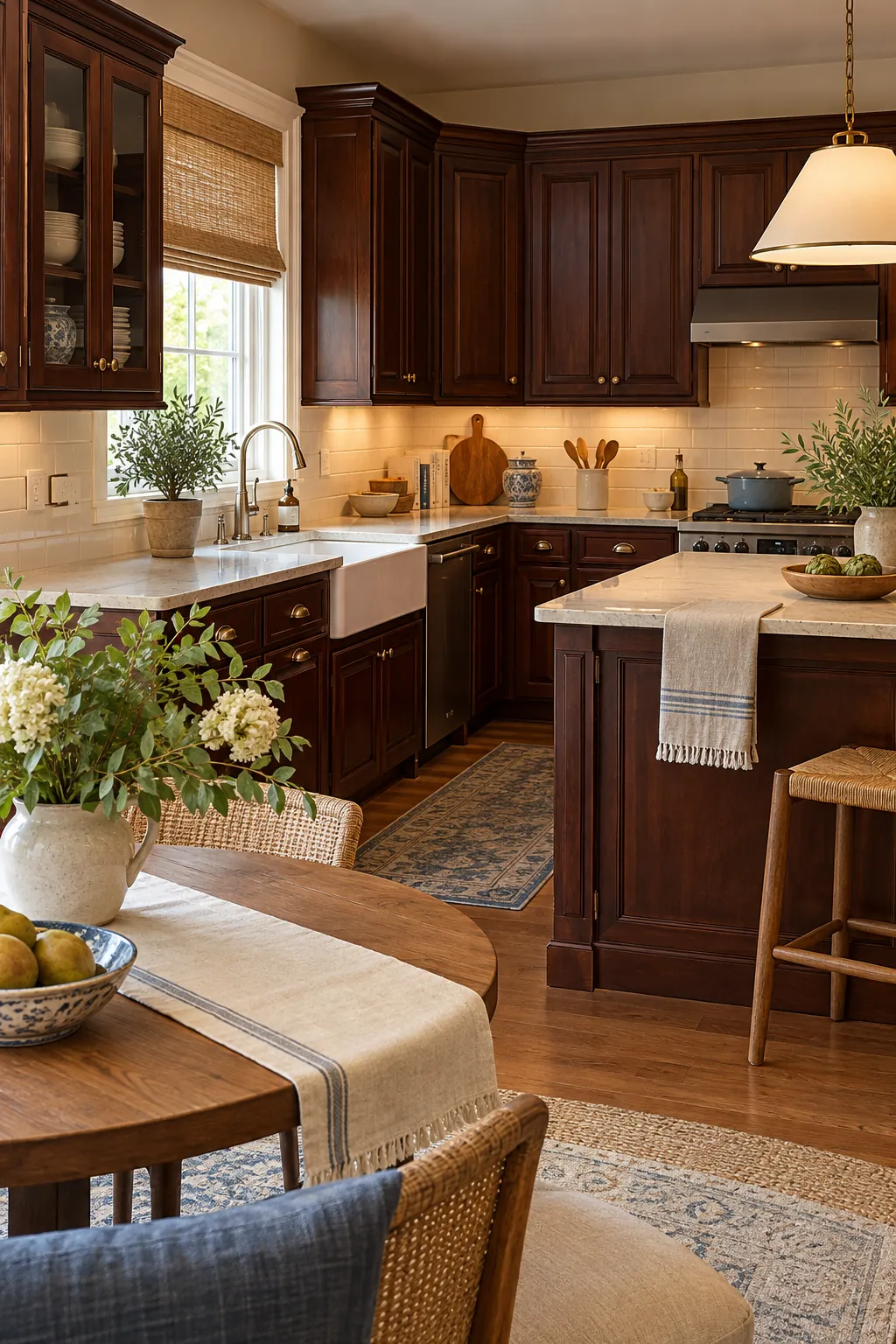 use cream or oatmeal textiles in a cozy dark cabinet kitchen