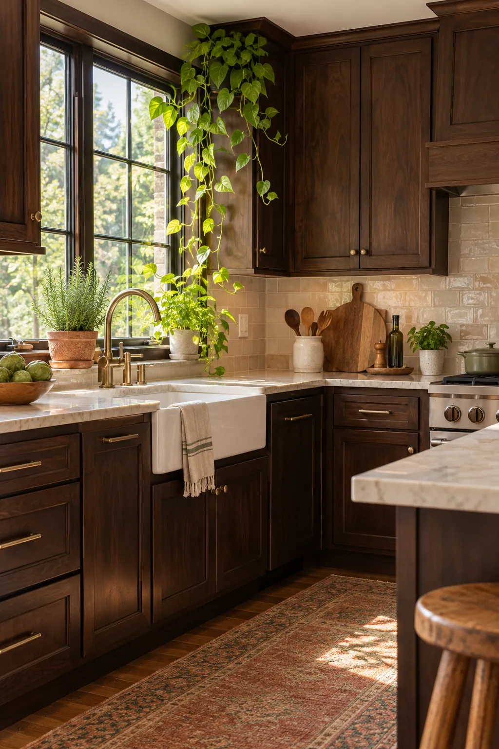 place greenery near the window in a cozy dark cabinet kitchen