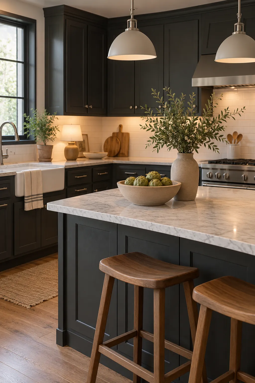 choose matte rather than glossy accents in a cozy dark cabinet kitchen