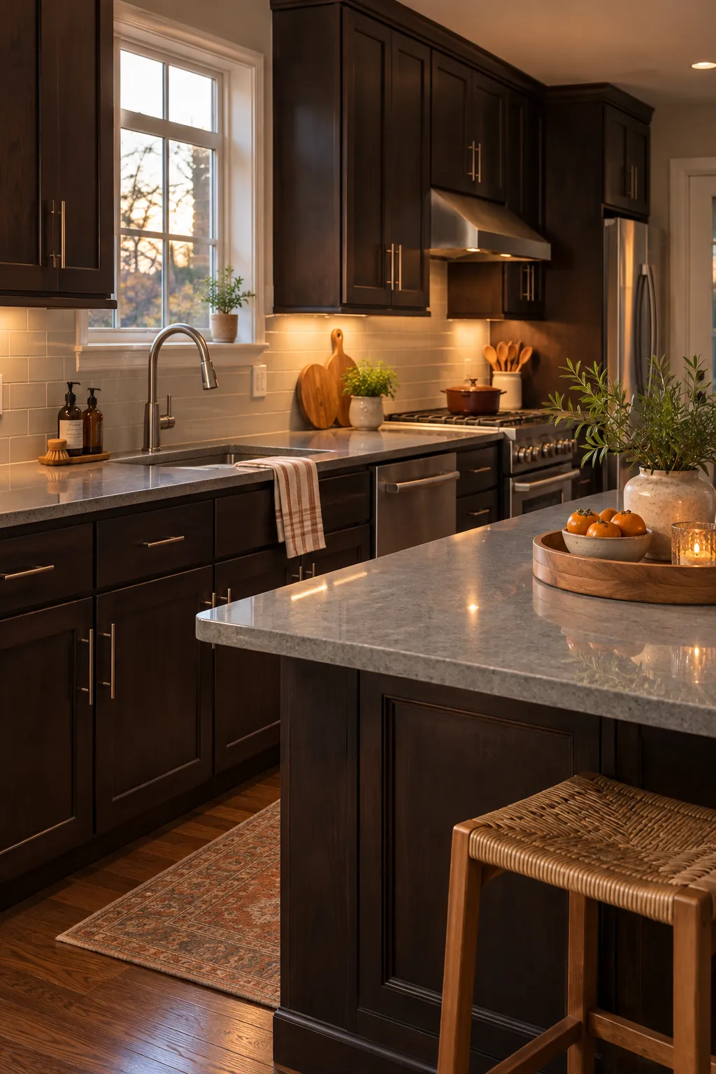 warm up a cool countertop in a cozy dark cabinet kitchen