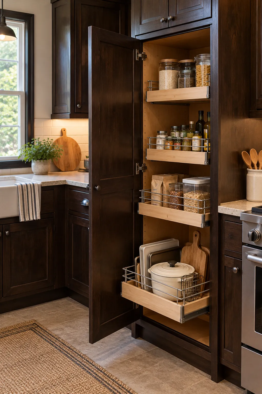 add pull out bins to deep cabinets in a cozy dark cabinet kitchen