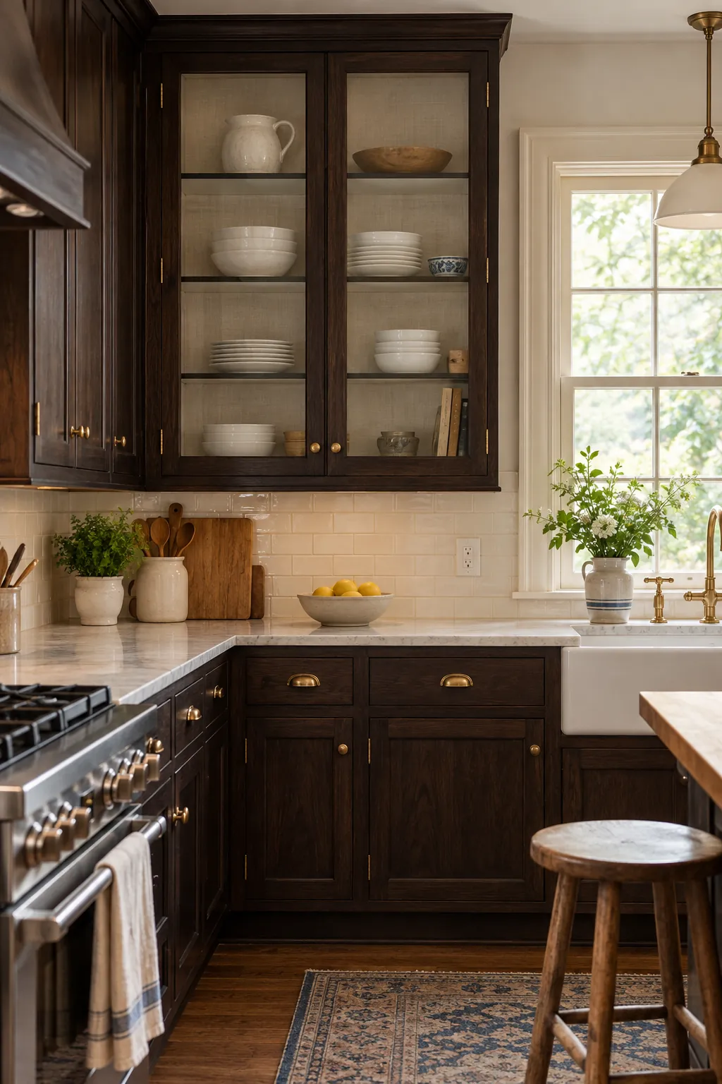 line glass cabinets with pale fabric in a cozy dark cabinet kitchen